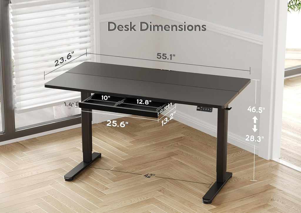 Claiks Standing Desk with Drawers, 55x24 Inch Electric Adjustable Height Stand Up Desk Computer Workstation, Black