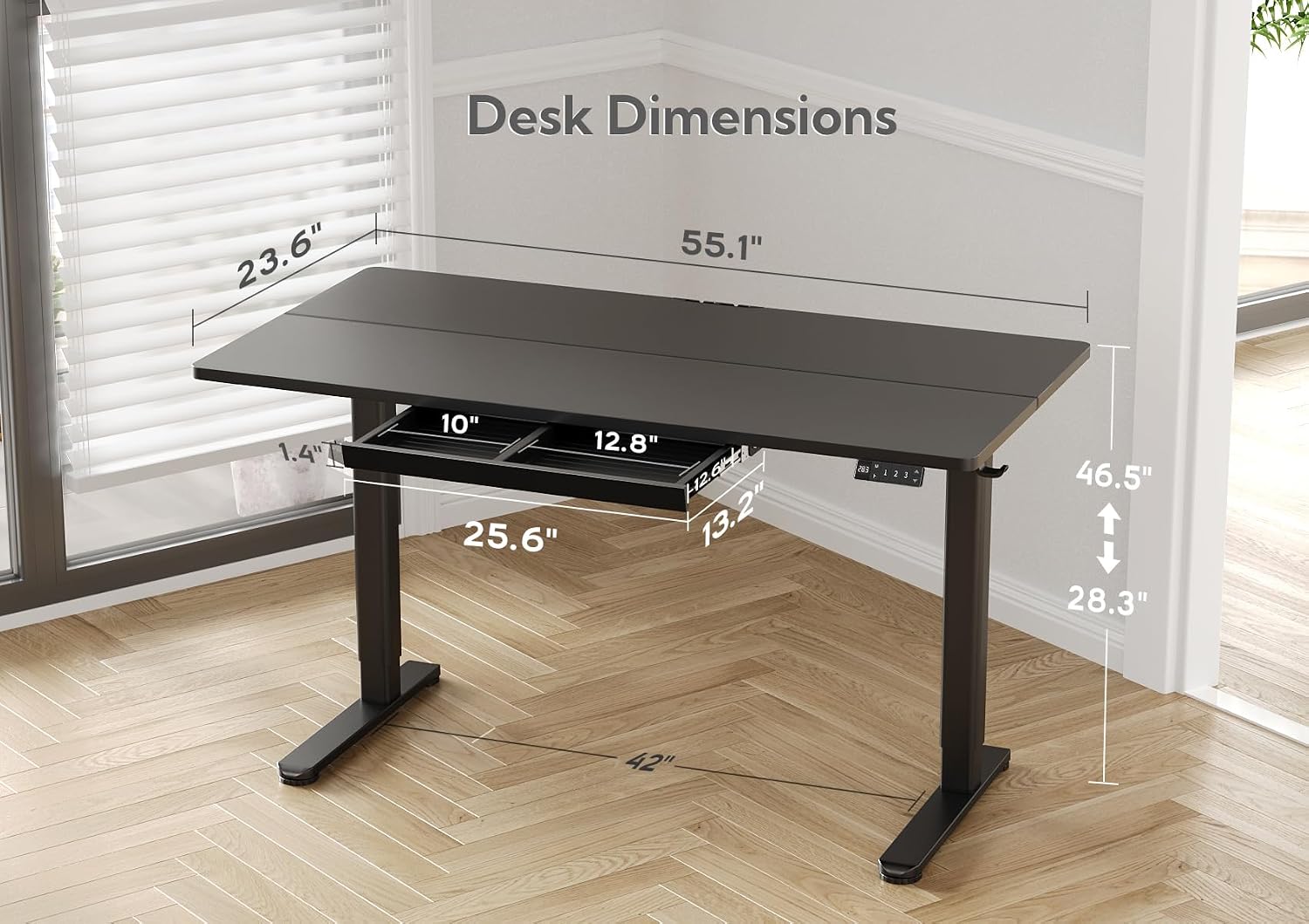 Claiks Standing Desk with Drawers, 55x24 Inch Electric Adjustable Height Stand Up Desk Computer Workstation, Black