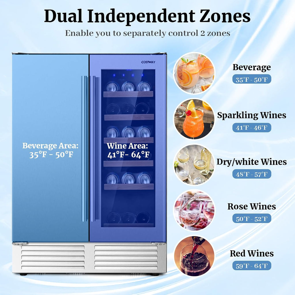 COSTWAY Wine and Beverage Refrigerator, 24 Inch Dual Zone Under Counter Wine Beverage Cooler with Lock, Stainless Steel Door, Built-in & Freestanding Wine Fridge Holds 19 Bottles and 57 Cans