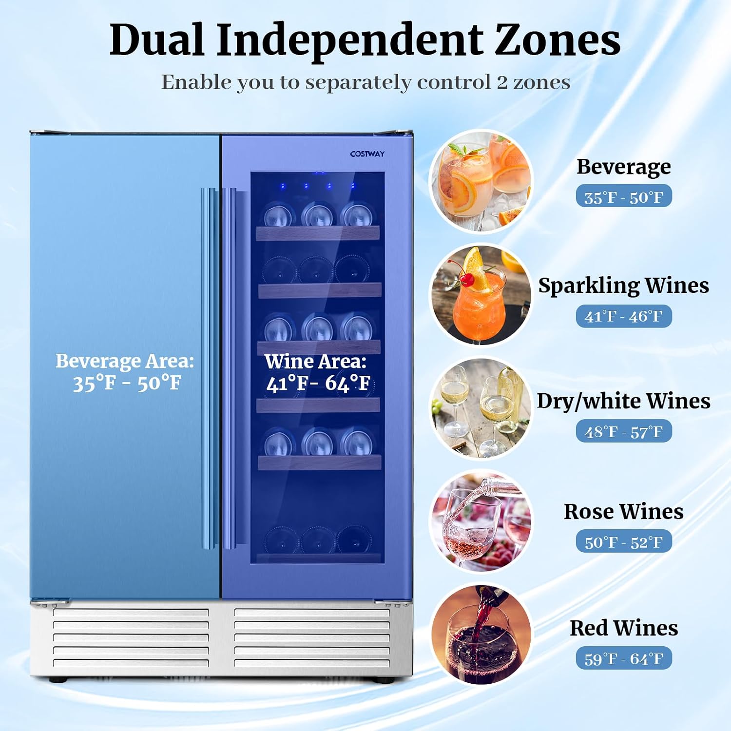 COSTWAY Wine and Beverage Refrigerator, 24 Inch Dual Zone Under Counter Wine Beverage Cooler with Lock, Stainless Steel Door, Built-in & Freestanding Wine Fridge Holds 19 Bottles and 57 Cans