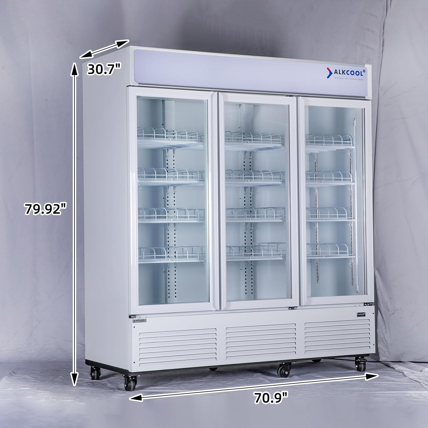 Commercial Refrigerator Floral Beverage Display Cooler,3 Glass Doors Commercial Flowers Fridge With LED Light 9 Adjustable Shelves,ETL Approval,71' Wide,63.5 Cuft,White,(Wheel Included)
