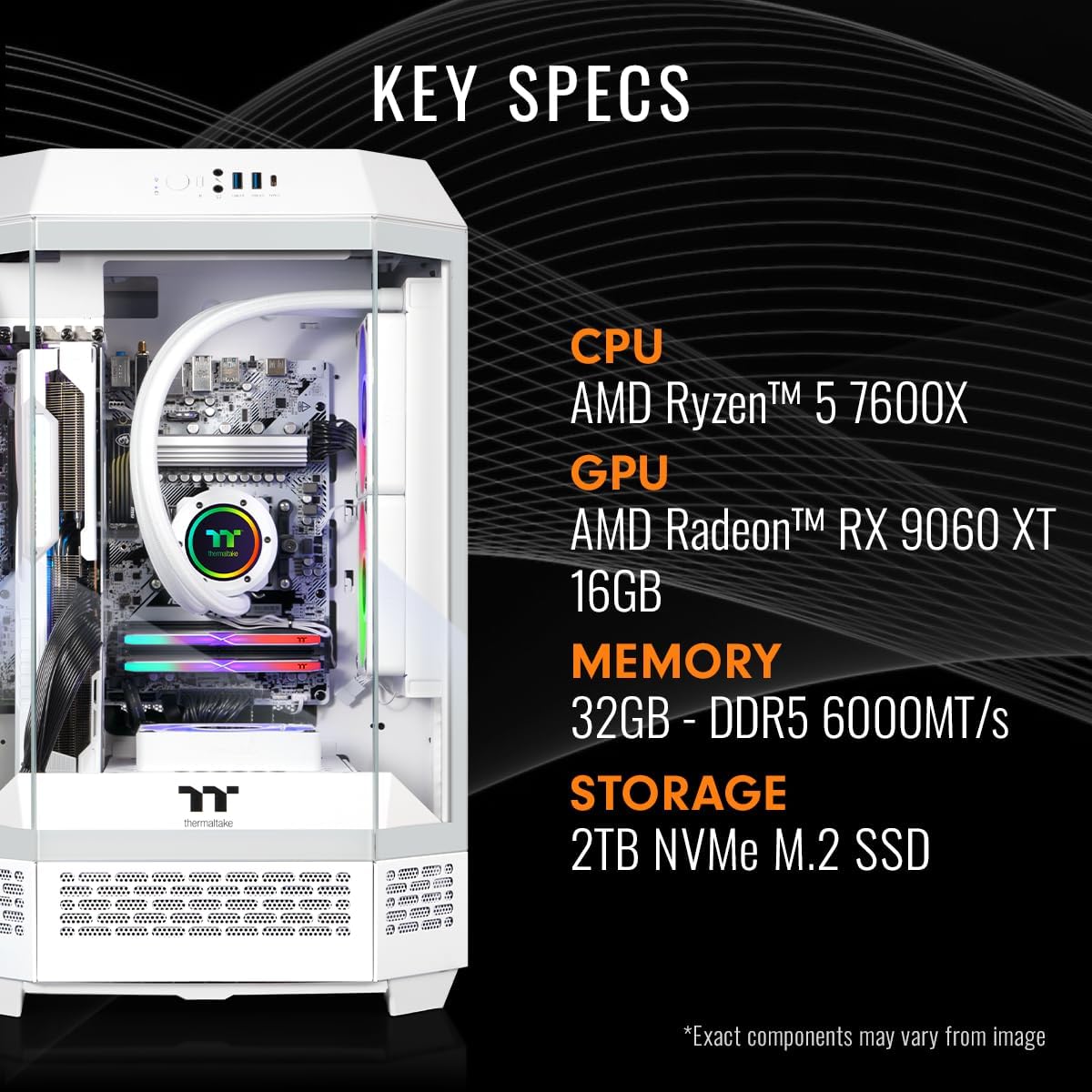 Thermaltake LCGS Reactor 7696XS Gaming Desktop (AMD Ryzen™ 5 7600X, 32GB 6000MT/s DDR5 RGB Memory, AMD Radeon™ RX 9060 XT 16GB, 2TB NVMe M.2, WiFi, Windows 11) T3WT-B650-96X-LCS