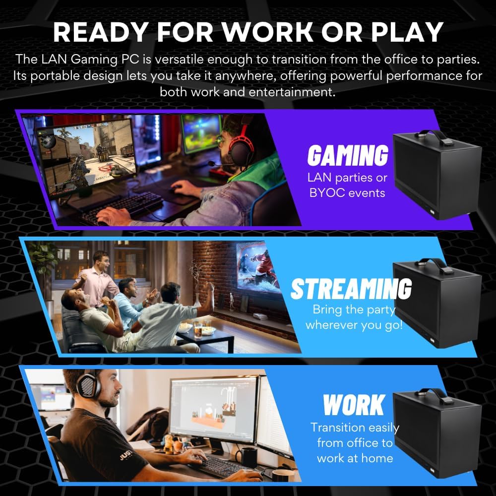 LAN Gamer 8.1L Mini ITX Desktop RTX 5060 Ti 16GB, AMD 8-Core Ryzen 7 8700F CPU, 32GB DDR5 RAM, 2TB Gen4 NVMe SSD, SFF PC w/Windows 11 Pro, 3-Year Warranty, RGB Keyboard+Mouse, Internal Wi-Fi (Black)