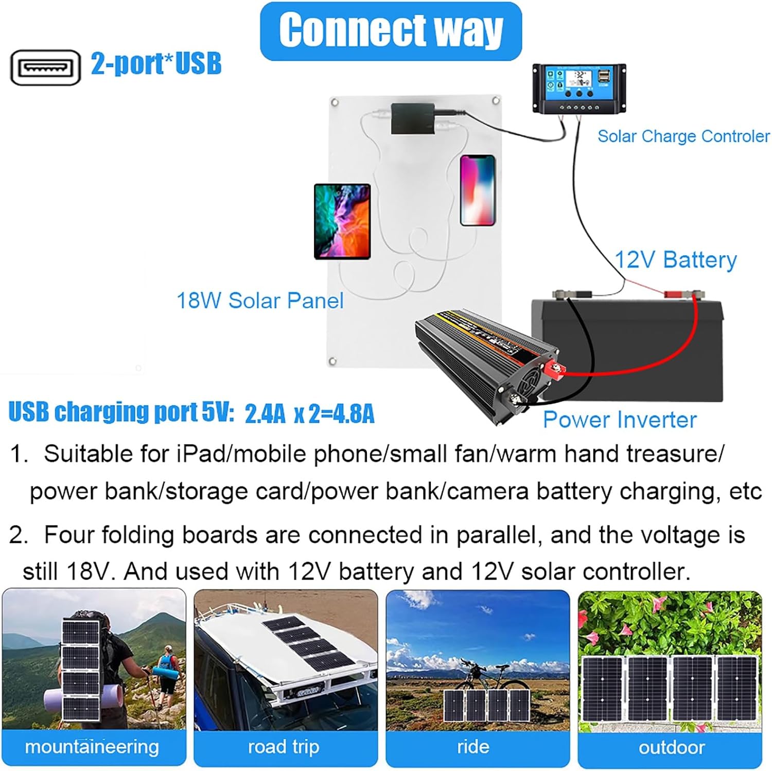 Solar Panel Inverter Kit with Dual USB, 18W Monocrystalline Solar Panel, 3000W Power Inverter DC12V to AC110V/220V, 30A PWM Charge Controller – Portable Solar Power System for Camping and Travel(Black