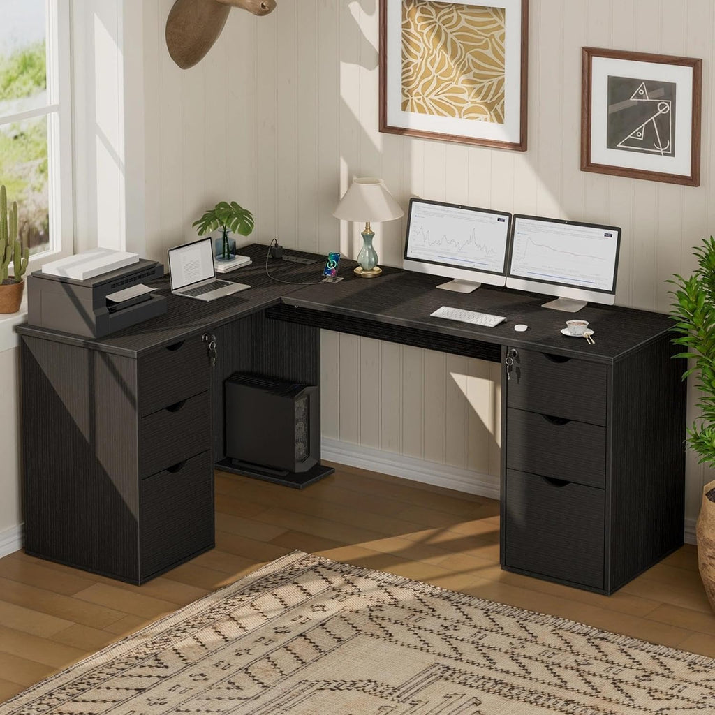 WINAZ Black L Shaped Office Desk with Lockable Drawers, 66 Inch Wood Executive L-Shaped Computer Desk with File Cabinet Storage & Power Outlet, Modern Large Corner Desks with Filing Cabinets