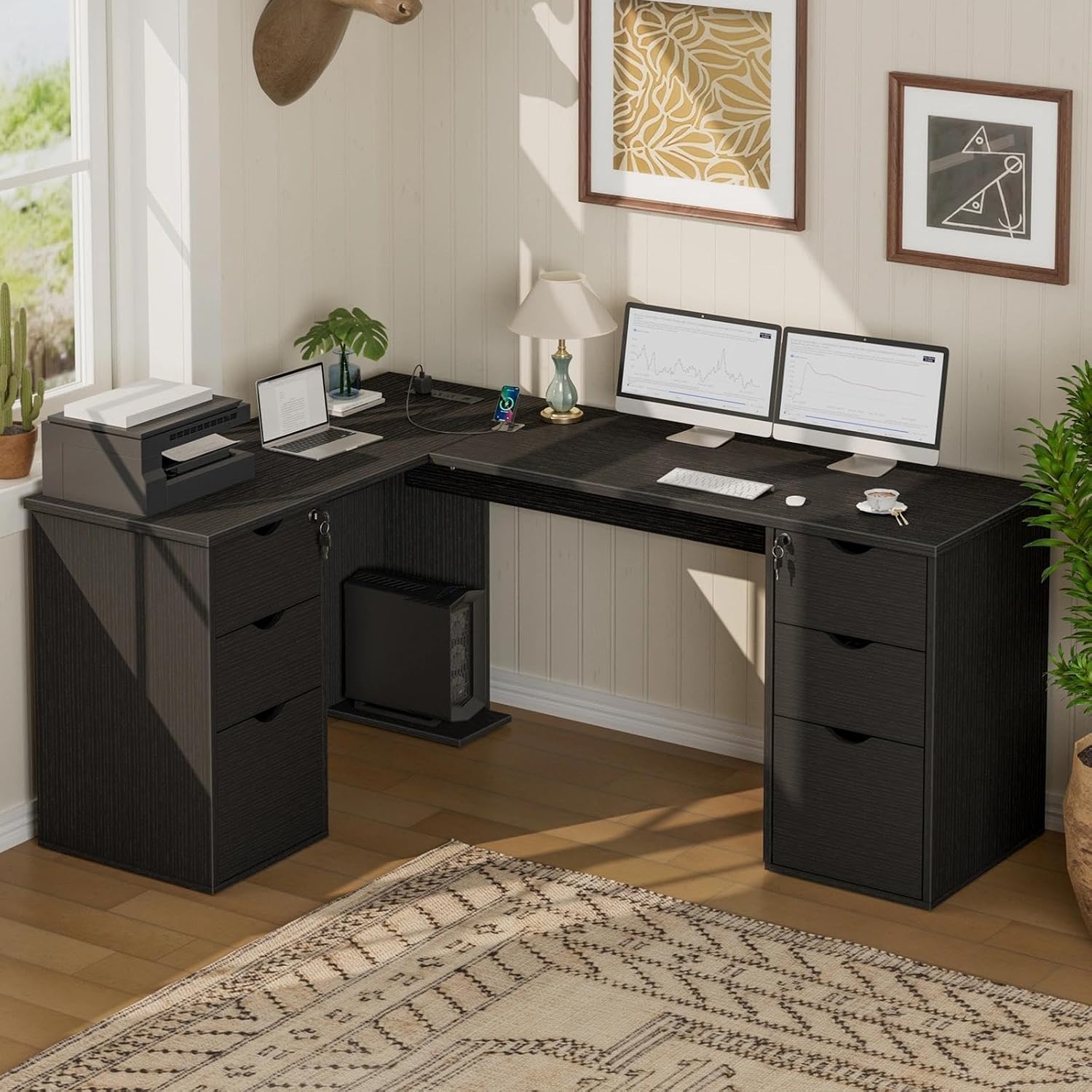 WINAZ Black L Shaped Office Desk with Lockable Drawers, 66 Inch Wood Executive L-Shaped Computer Desk with File Cabinet Storage & Power Outlet, Modern Large Corner Desks with Filing Cabinets