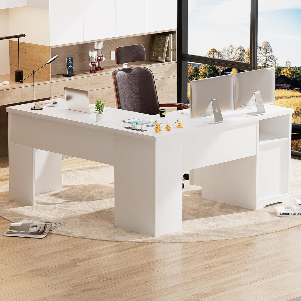 Unikito Lift Top L Shaped Desk with Drawer, Large Office Desk with Power Outlets and USB Charging Ports, Sturdy Corner Computer Desk Writing Table with Storage, L Shape Standing Desk, White