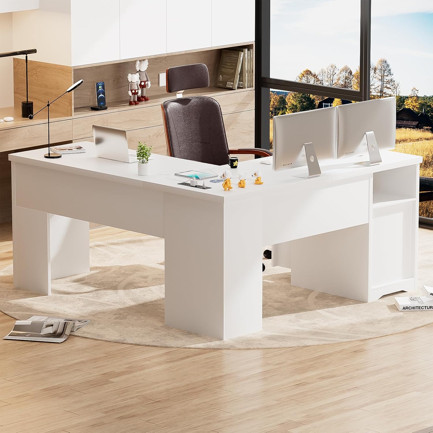 Unikito Lift Top L Shaped Desk with Drawer, Large Office Desk with Power Outlets and USB Charging Ports, Sturdy Corner Computer Desk Writing Table with Storage, L Shape Standing Desk, White