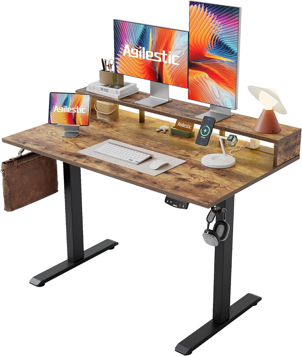 Agilestic 48x24 Inch Electric Standing Desk with Shelf, Height Adjustable Desk with Power Outlet & LED, Sit Stand Up Table with Monitor Stand, Computer Workstation, Rustic Brown