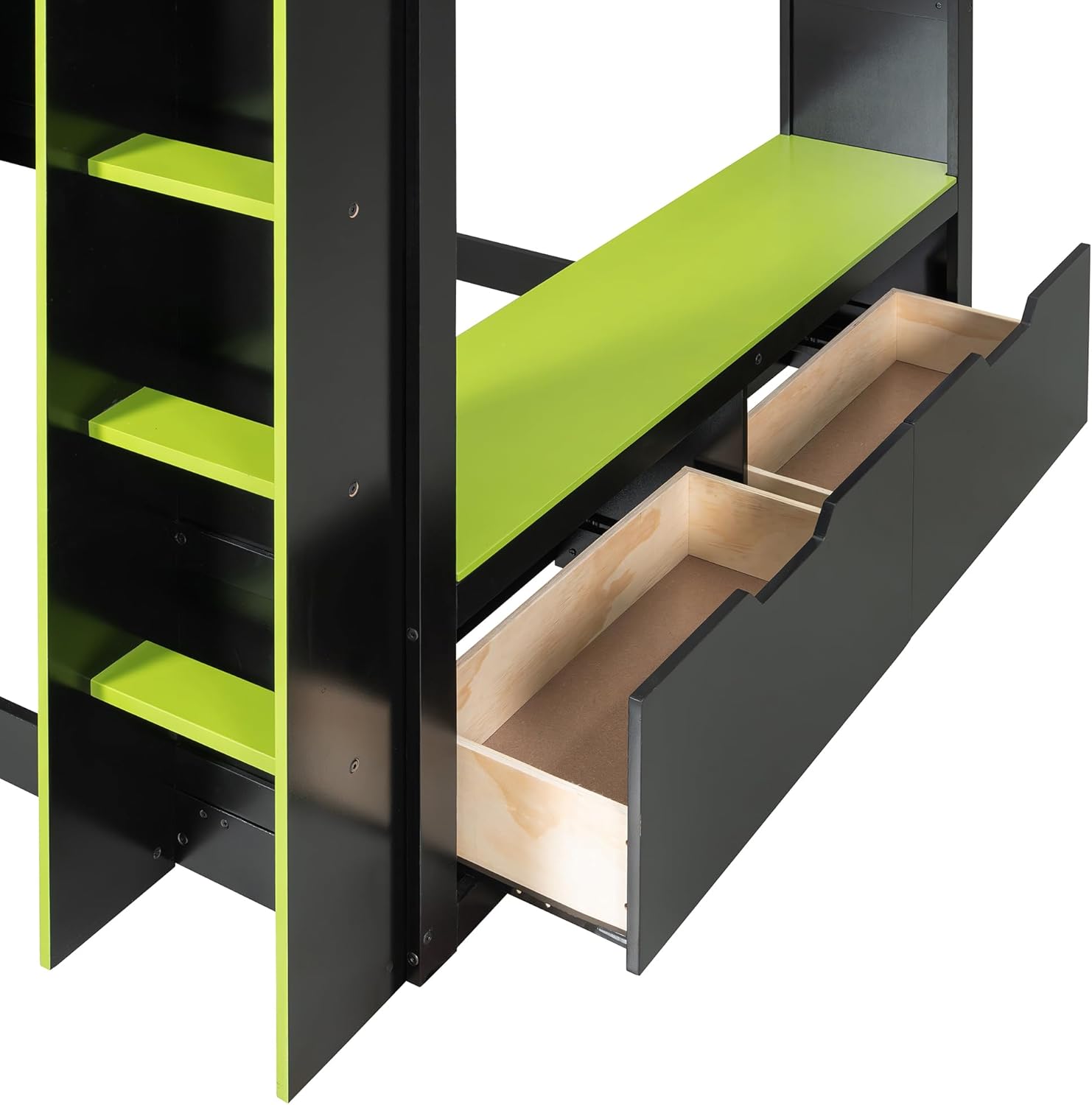 Merax Wood Loft Bed with Height-Adjustable Desk,Drawers,Storage Compartments,Hanging Rod and RGB Lights, Full Size, Green