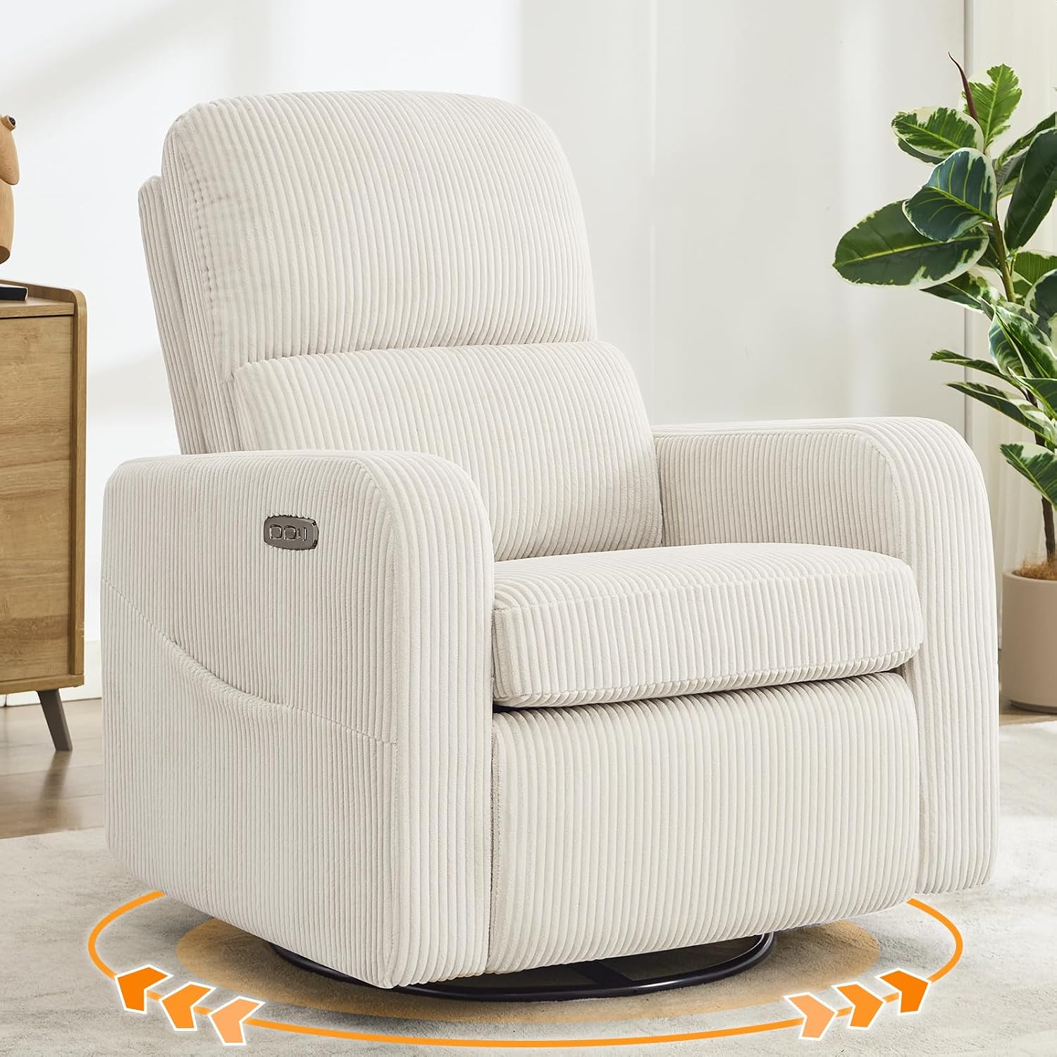Swivel Rocker Recliner, Oversized Power Recliner Glider with Removable Cushion, Upholstered Swivel Reclining Nursery Chairs for Living Room Bedroom, Corduroy White