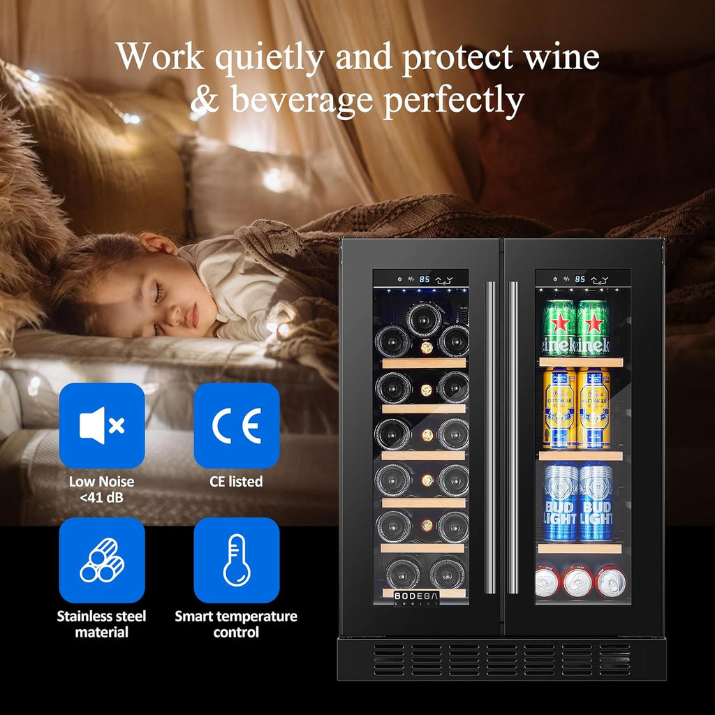 BODEGACOOLER 24 Inch Wine and Beverage Refrigerator Free Standing. Dual Zone Stainless Steel Wine Fridge under Counter, Drink Cooler for Beer, Soda, Champagne, Holds 41 Cans and 17 Bottles, Black