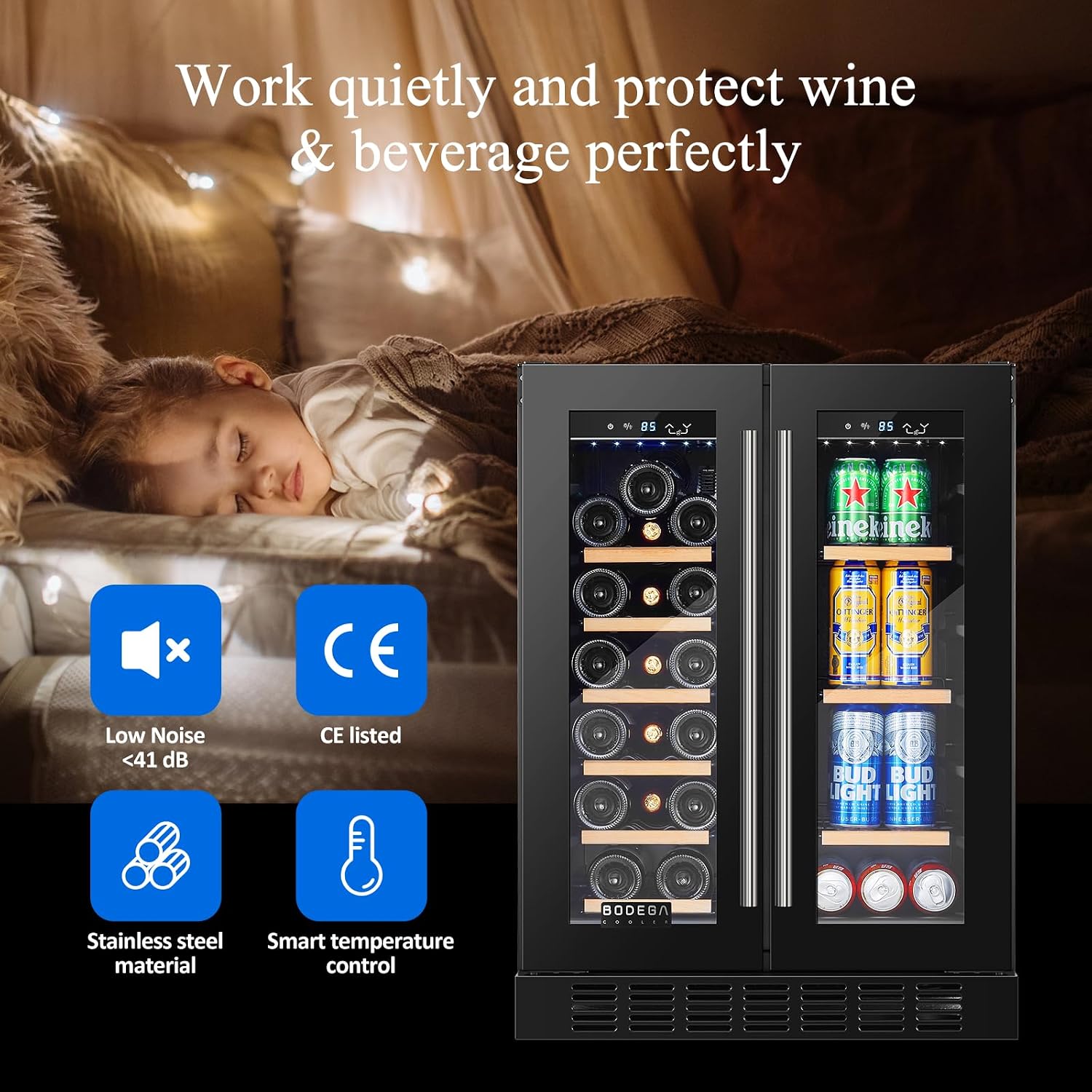BODEGACOOLER 24 Inch Wine and Beverage Refrigerator Free Standing. Dual Zone Stainless Steel Wine Fridge under Counter, Drink Cooler for Beer, Soda, Champagne, Holds 41 Cans and 17 Bottles, Black