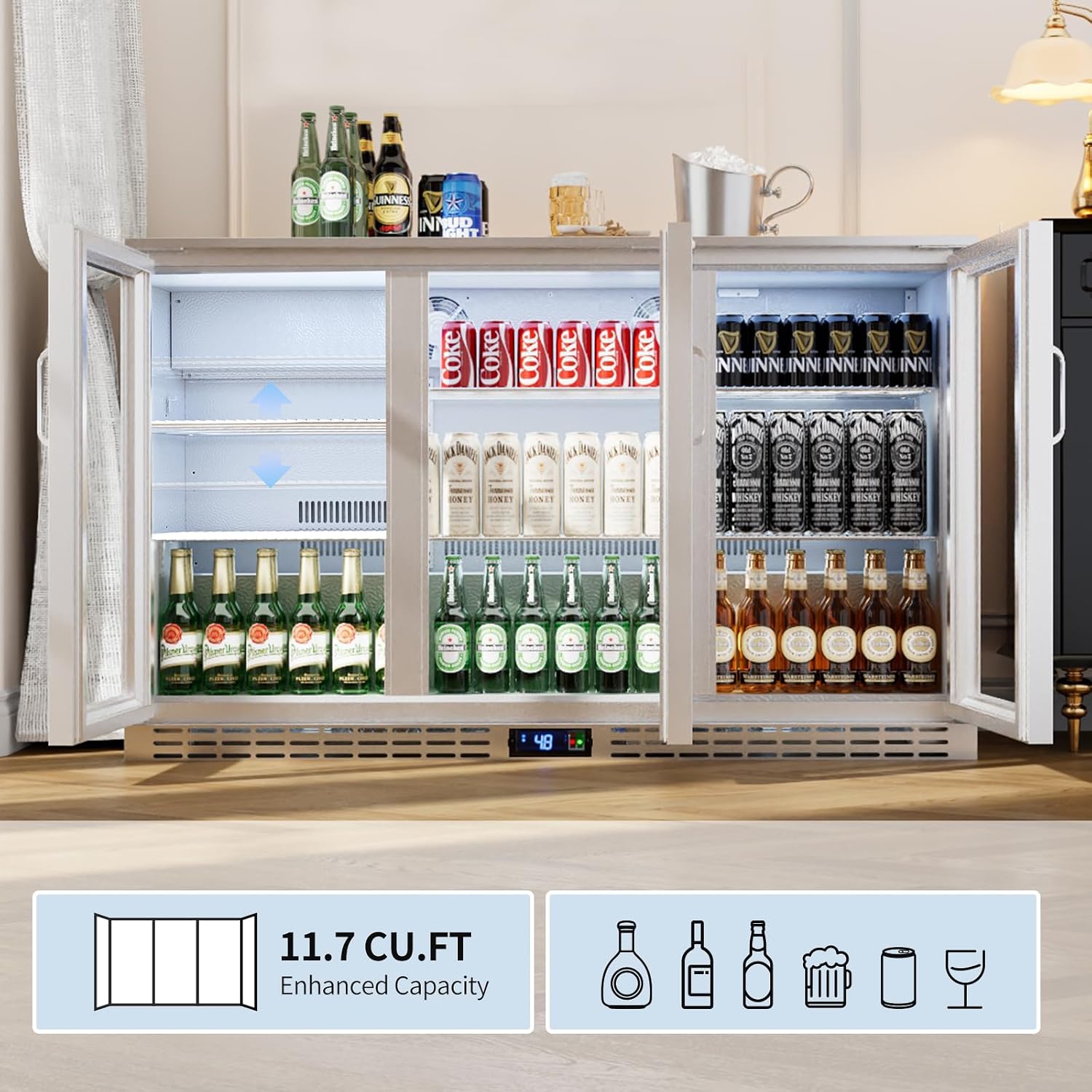 53 inch 11.7 cu.ft Back Bar Cooler Commercial Counter Height Beverage Refrigerator with 3 Glass Doors & LED Lighting, Stainless Steel Beer Fridge for Home Bar Restaurant, Sliver, 115V, ETL Approved
