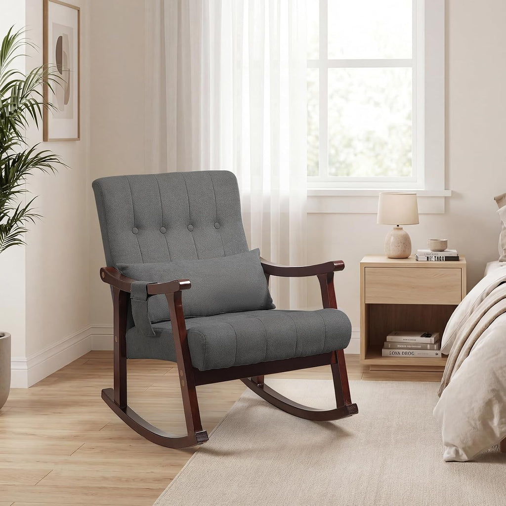 AVAWING Upholstered Rocking Chair, Small Fabric Glider Rocker with 2-Point Massage Lumbar Pillow and Solid Wood Legs, for Bedroom and Living Room, Dark Grey