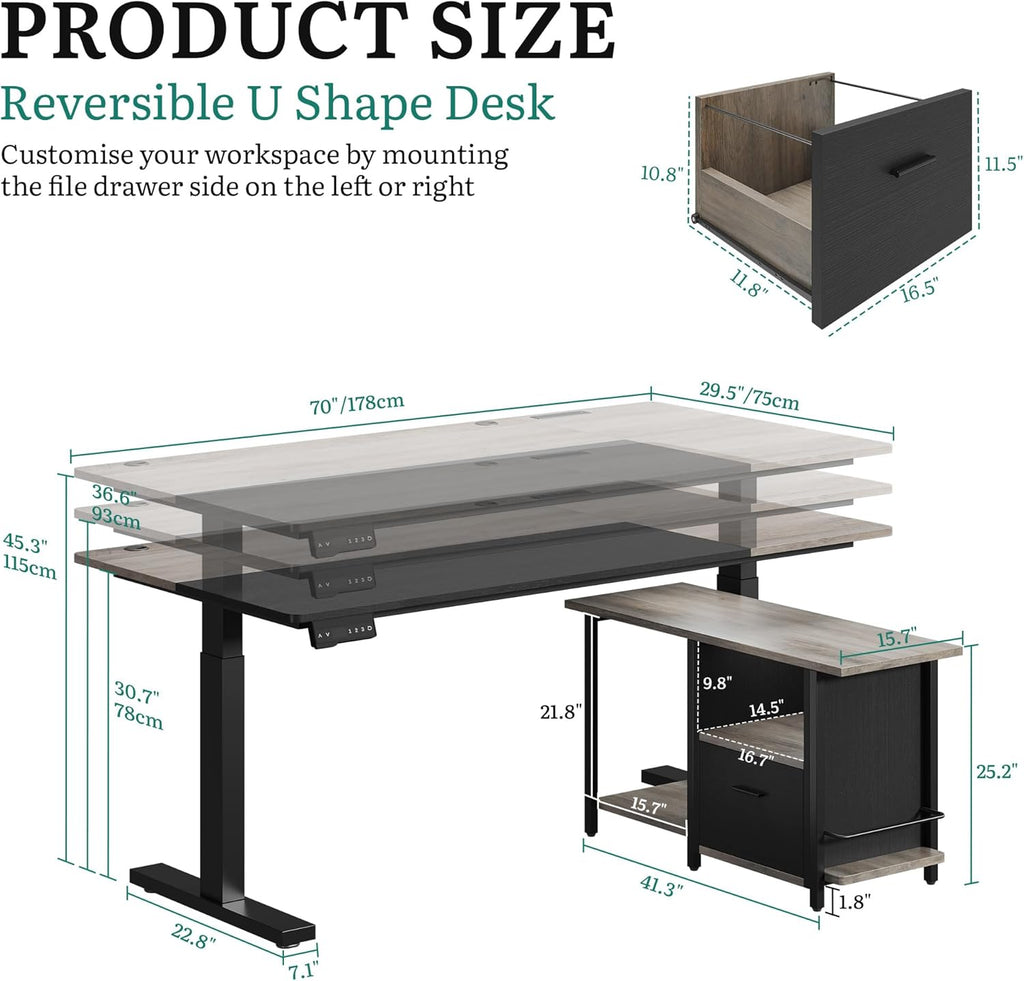 YITAHOME L Shaped Standing Desk with Power Outlets, 70.1' Electric Standing Desk Adjustable Height Sit Stand Corner Standing Desks Executive Desk with Drawers & Shelves, Grey + Black