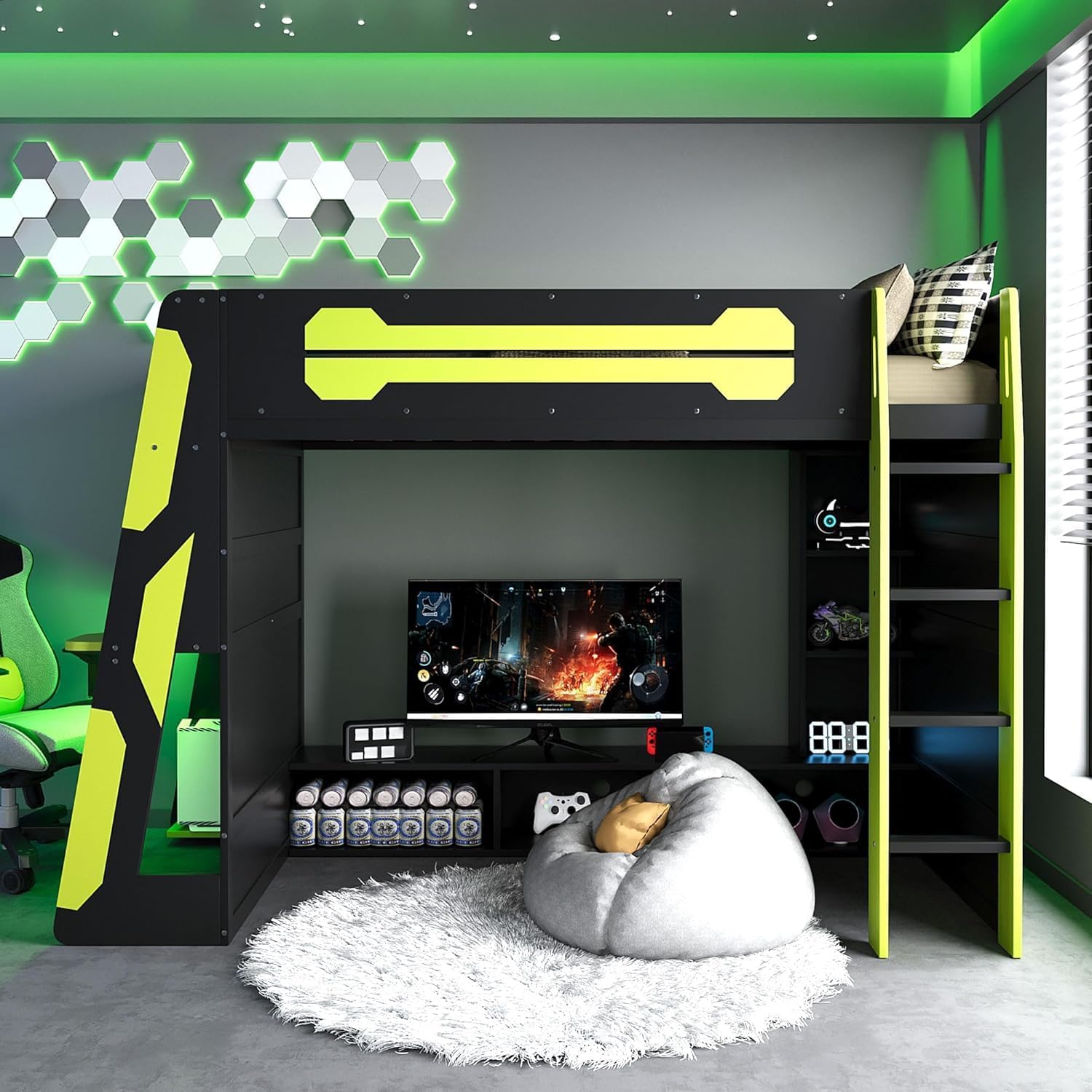 Virubi Twin Gaming Loft Bed with Desk and Storage Shelves & LED RGB Light, Gaming Bed Frame with Storage Shelves,Ladder and Guardrail for Teens Adults (Green,Twin)