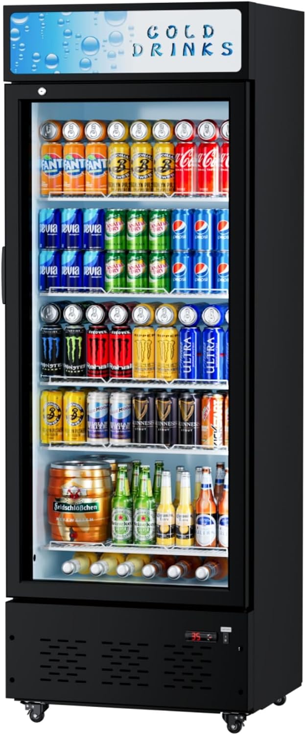 25.7'' W Commercial Refrigerators with Glass Door, 15 Cu.ft. Beverage Refrigerators Commercial Fridge Upright Display Cooler with Soft LED Light and Adjustable Shelves for Restaurant Stores
