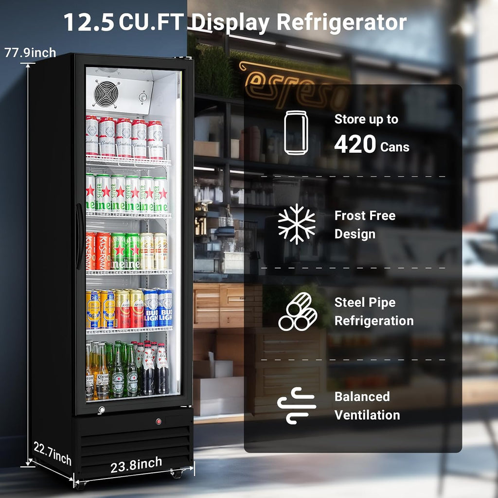 BODEGA BODEGACOOLER Glass Door Commercial Drink Refrigerator,12.5 Cu.Ft Display Merchandiser Refrigerator,Upright Commercial Beverage Display Drink Cooler with Soft LED Light,Adjustable Shelves,Black