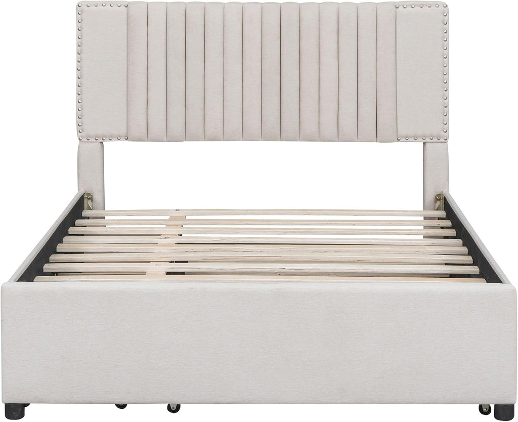DNYN Full Size Upholstered Platform Bed with Trundle(Twin) & 2 Drawers for Kids Bedroom,Wooden Linen Fabric Bedframe w/Storage & Classic Heardboard,No Box Spring Needed, Beige