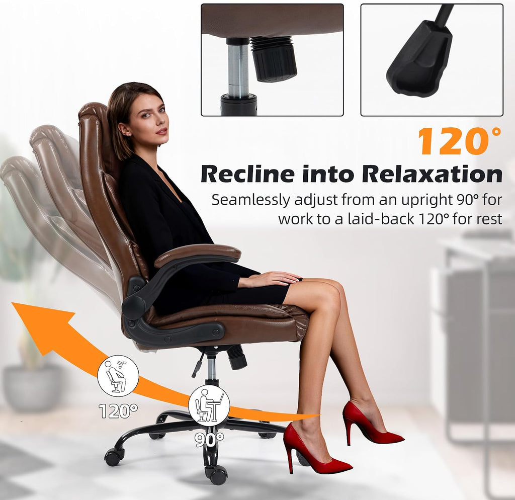 Office Chair - Ergonomic High Back Computer Desk Chair with Rocking Function & Lumbar Support - Executive Comfortable Wide Swivel Rolling Office Leather Chair with Flip-up Armrests for Home Gaming