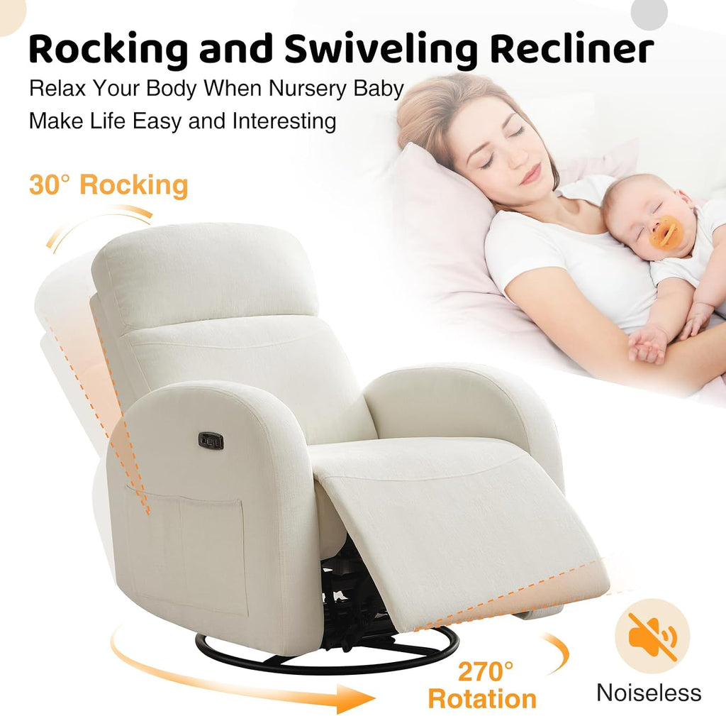 Power Nursery Glider Recliner, Chenille Electric Rocker Recliner with Type-C & USB Port, Nursery Swivel Rocker Recliners with Double Pockets for Adult, Cream White