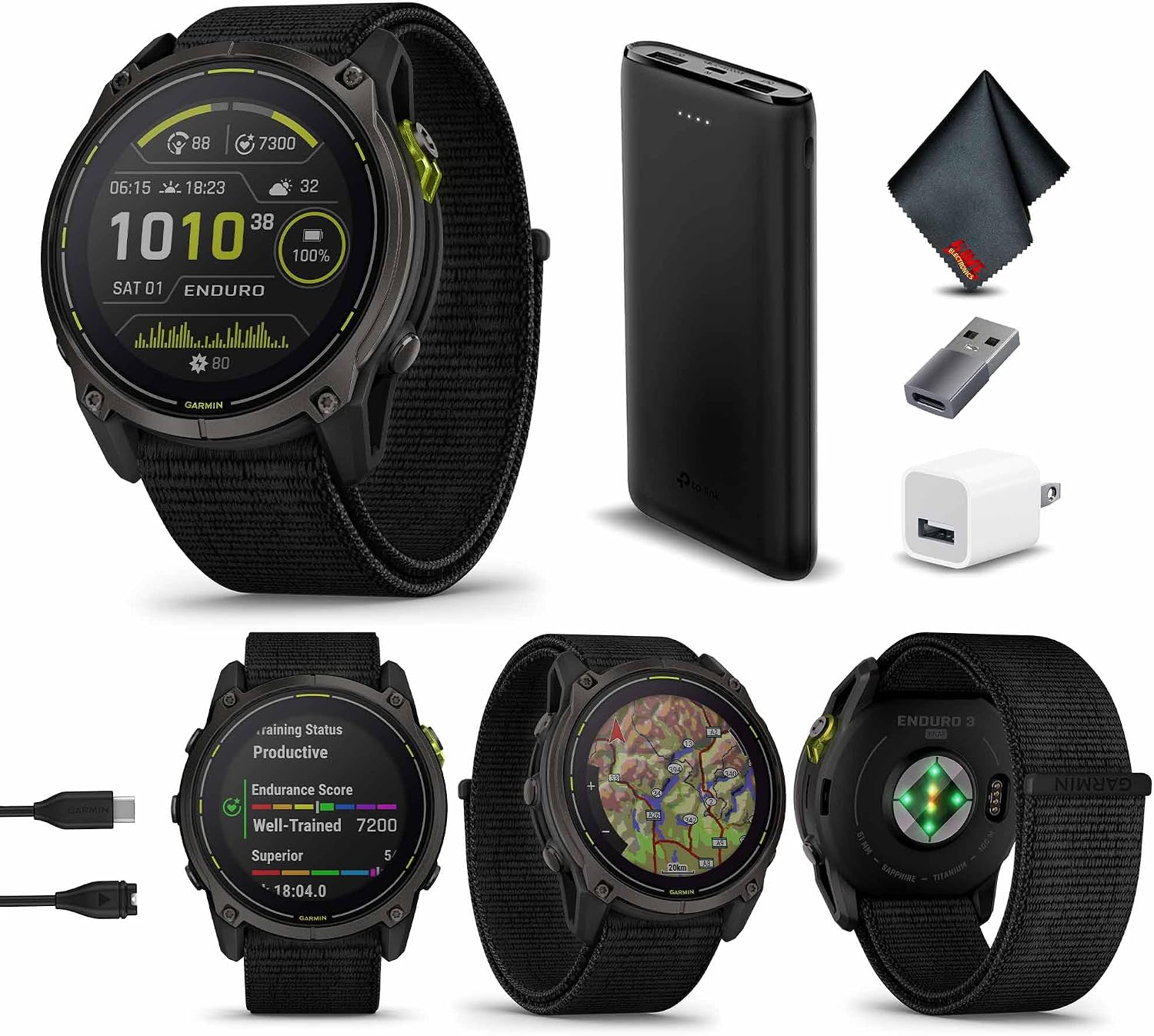 Garmin Enduro 3, Solar, Sapphire, Ultraperformance GPS Smartwatch, 90 Days Battery Life, Detailed Mapping, Built-in LED Flashlight, Carbon Gray DLC Titanium with Black Ultrafit Nylon Strap Bundle