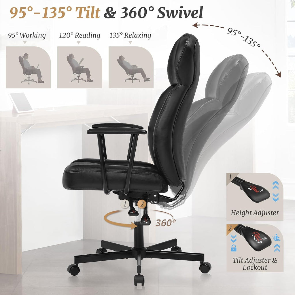 Cozyman Ergonomic PU Leather Home Office Chair, High Back Executive Desk Chair with 5-Layer Cushion, 95-135° Reclining Back, Lumbar Support, Adjustable Height, 360° Swivel for Home Office Task, Black