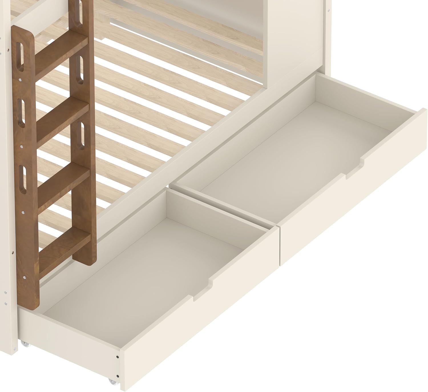 Queen Over Queen Bunk Bed with Trundle, Hooks and Storage Shelves, Solid Wood Bunk Beds for Kids Teens, Bedroom Space-Saving Furniture (Beige+Natural/T)