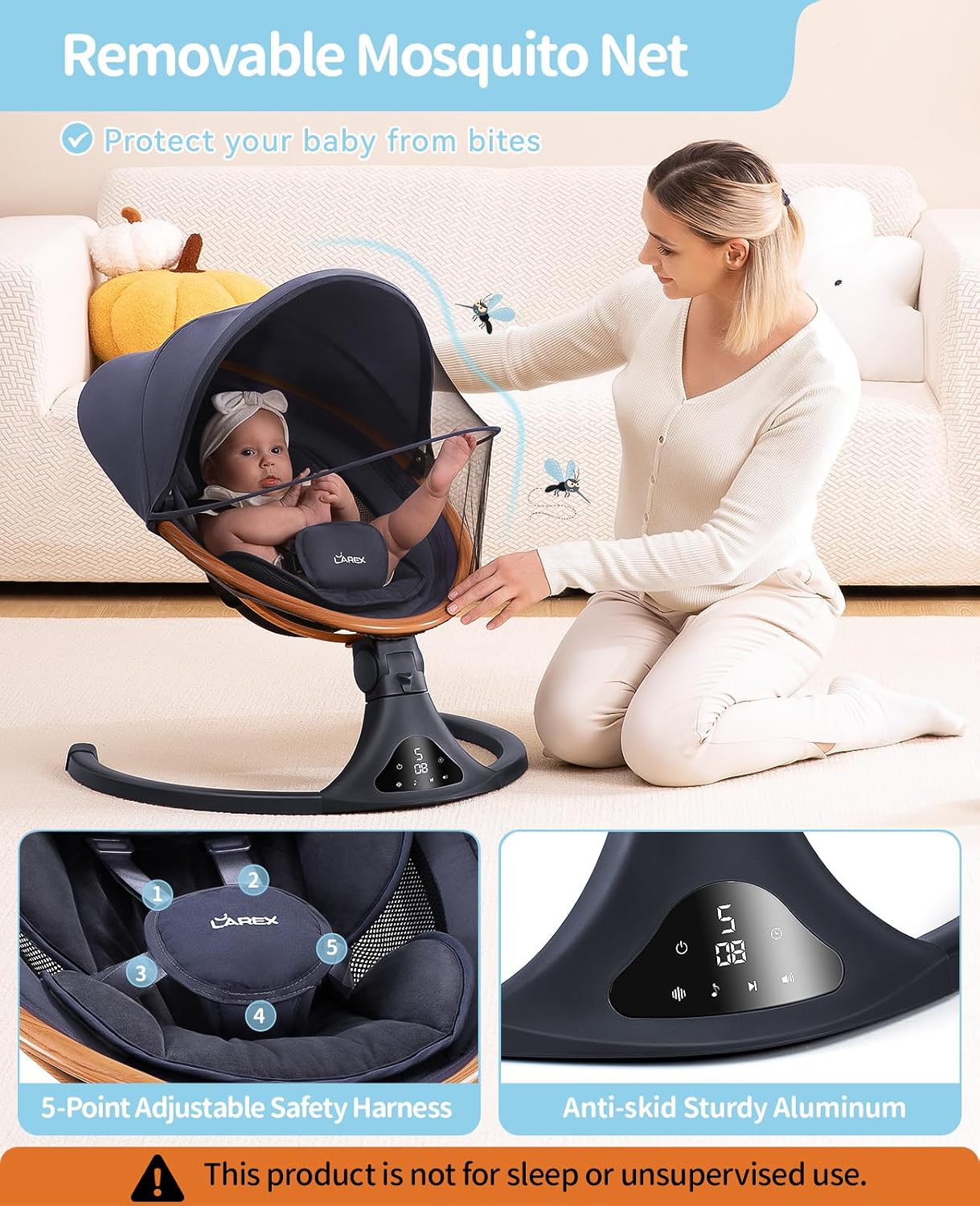 LAREX Baby Swing to Toddler Electric Infant Swing Portable for Newborn Boy Girl, 5 Sway Speeds with Remote Control, 12 Preset Melodies and Bluetooth, 0-6 Months Max 20 Lbs(Dark Wood Grain)