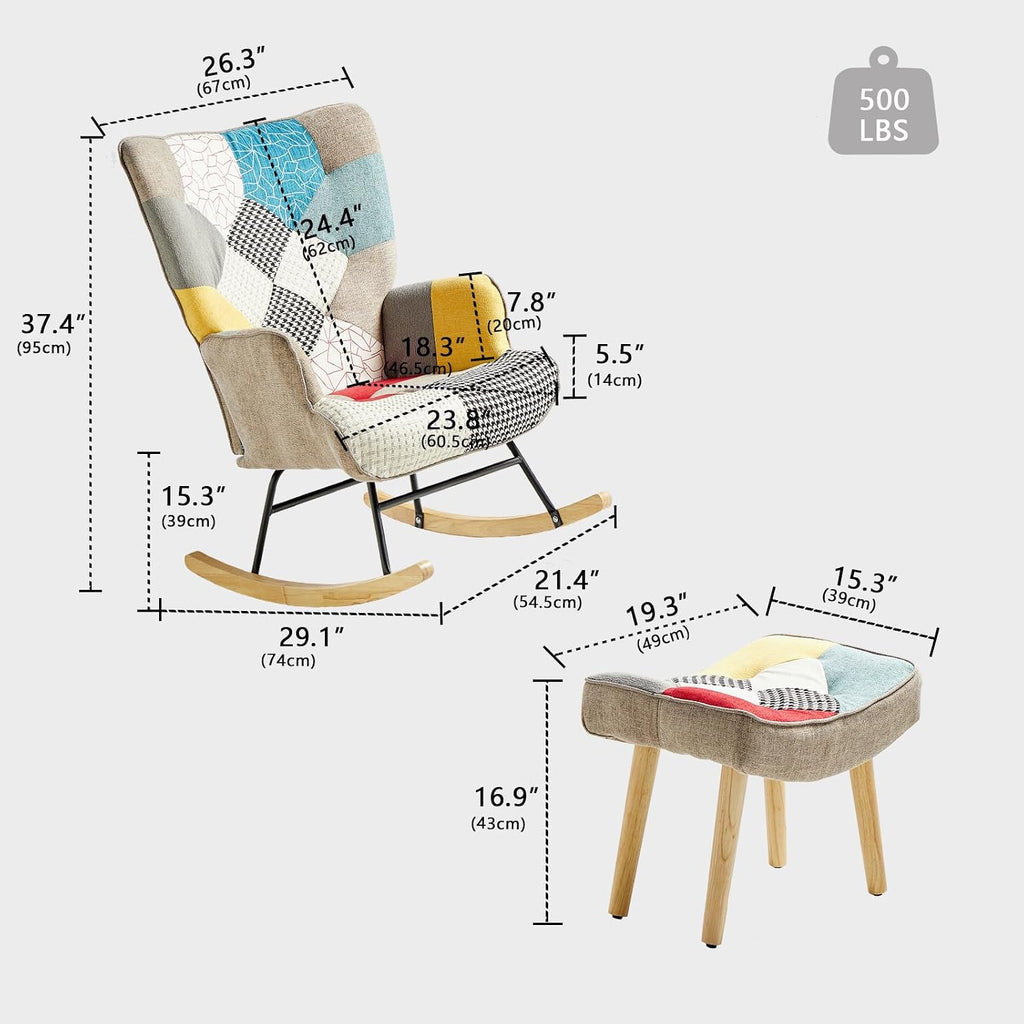 Nursery Rocking Chair, Baby Toddler Glider Rocker with Ottoman, Comfy Accent Chair, for Bedroom Living Room Small Spaces, Patchwork Linen, Colorful