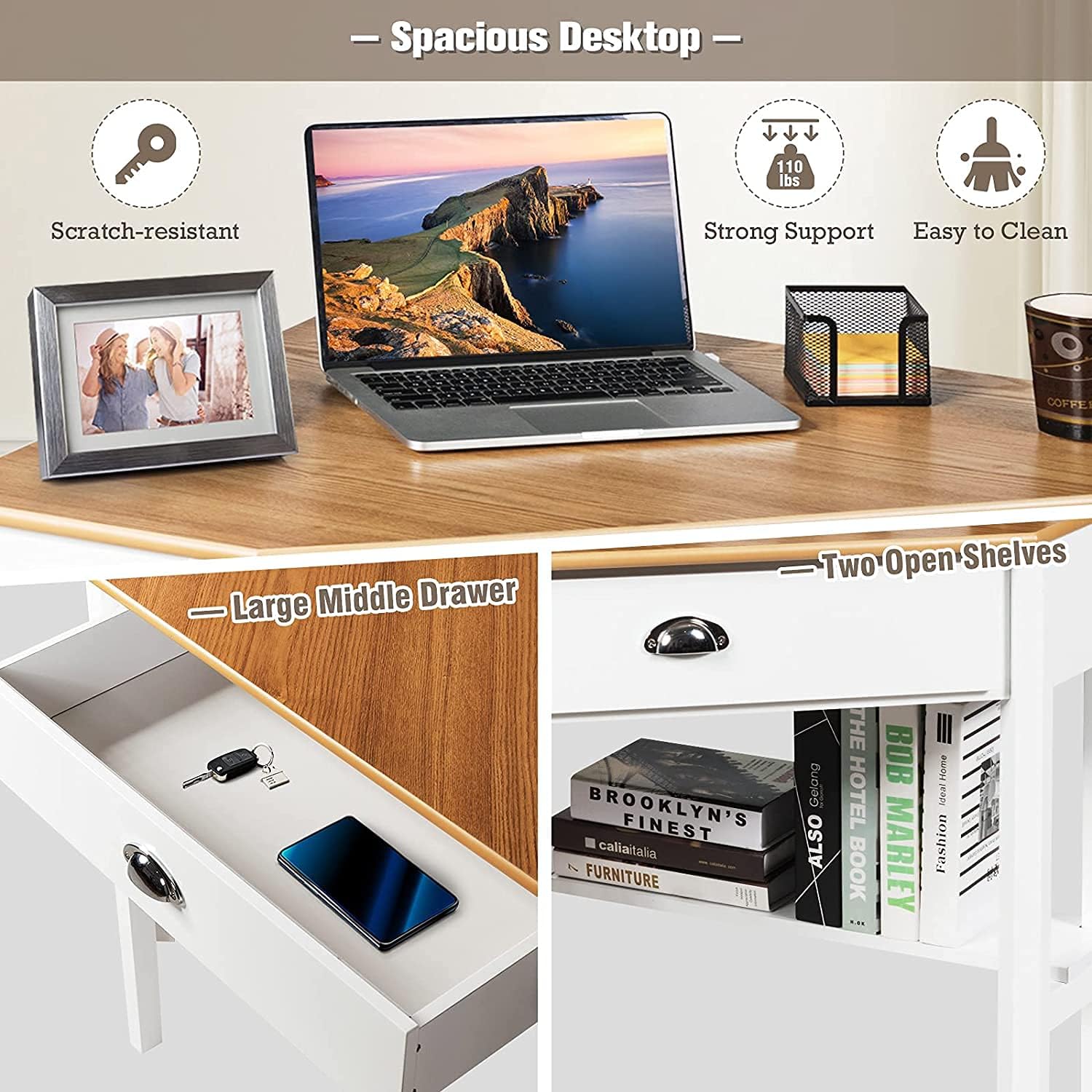 Goplus Topment Corner Desk with a Slide Out Drawer, Triangle Home Computer Desk, Writing Table with an Open Shelf, Freestanding Gaming Desk for Apartment, Office Workstation for Dorm, Laptop Desk