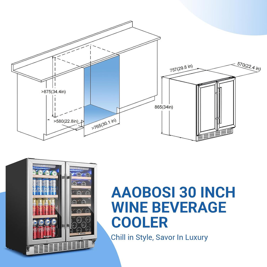 AAOBOSI 30 Inch Dual Zone Wine and Beverage Cooler,31 Bottles & 120 Cans Wine Fridge,Built-in and Freestanding,Removable Fashion Wooden Frame,Intelligent Digital Temperatrue Control,Low Noise