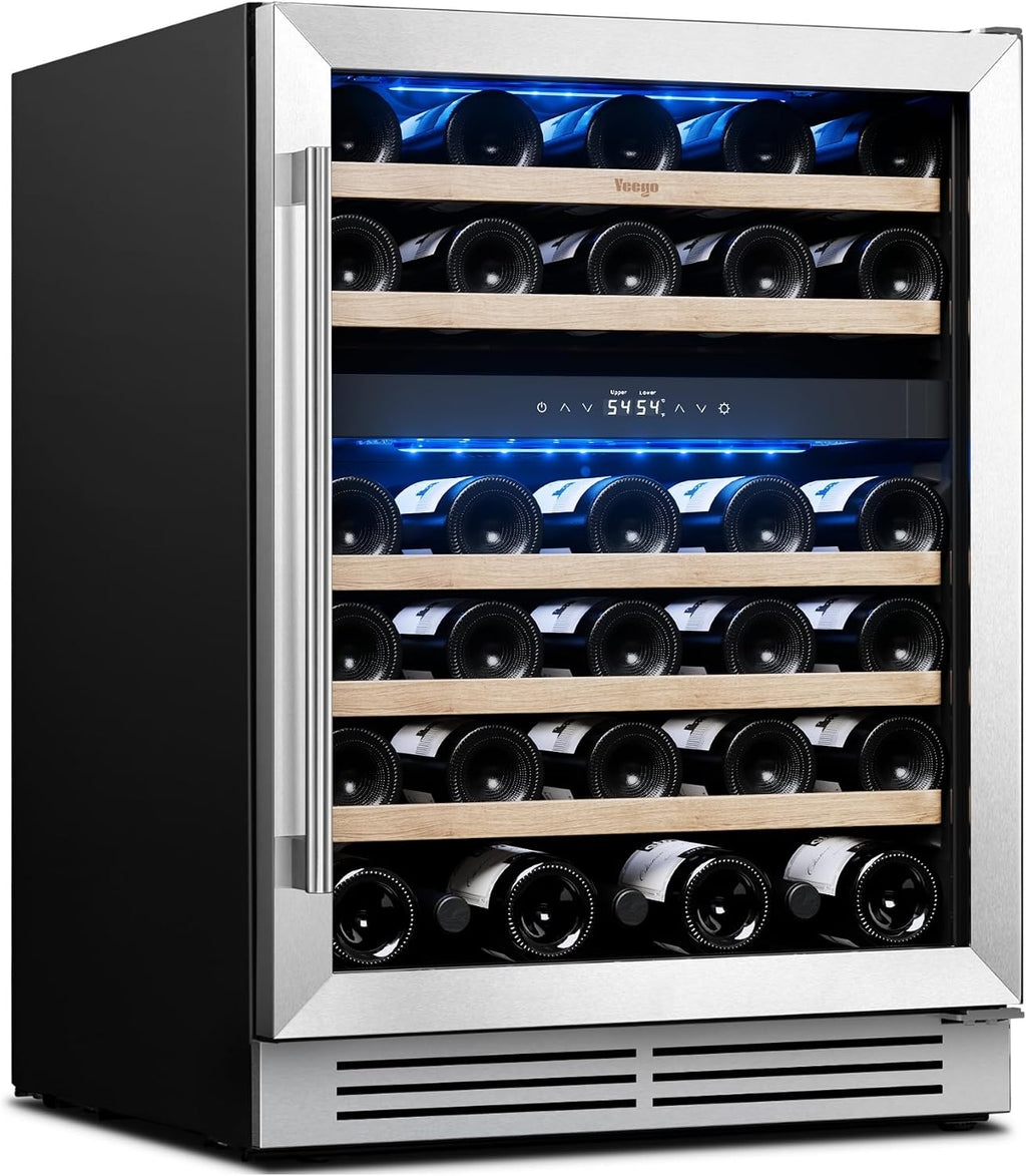Yeego Wine Fridge Cooler - 24 Inch Dual Zone Wine Fridge Hold 52 Bottles, 40-65°F Wine Refrigerator Glass Door, Built in, Freestanding Under Counter Fridge for Beer Soda Drink Home Bar Office
