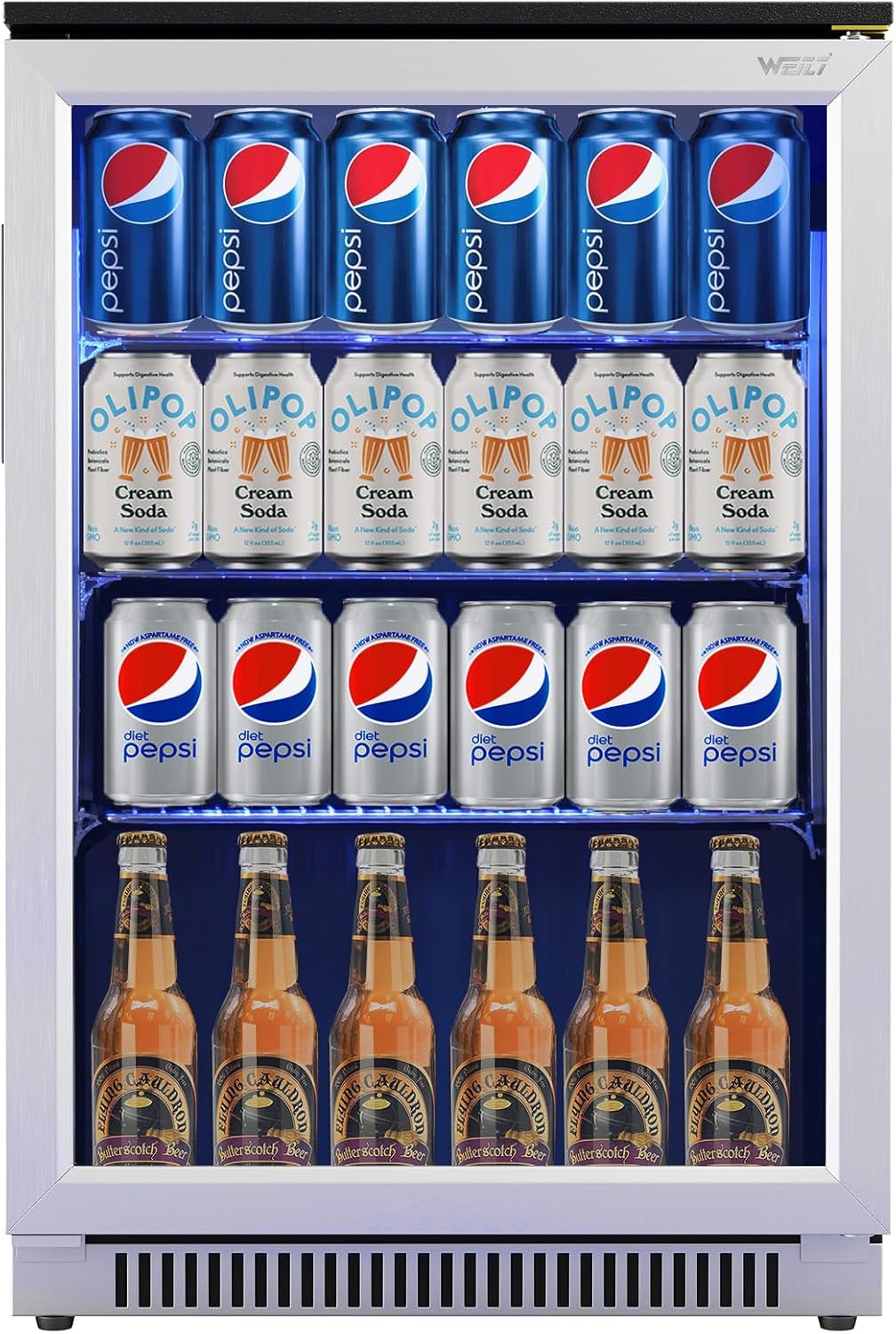 Weili 20 Inch Built in Beverage Fridge with Glass Door, 120 Can Under Counter Soda Beer Drink Refrigerator with Blue LED Light for Home Office or Bar, 36-50°F Auto Defrost
