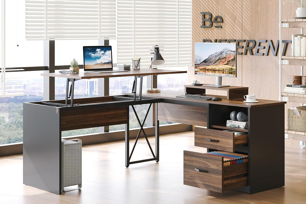 Bestier L Shaped Standing Desk with Lift Top, 55' x 55' Standing Corner Desk for Home Office, Computer Desk with Reversible File Drawer and Monitor Stand, Walnut