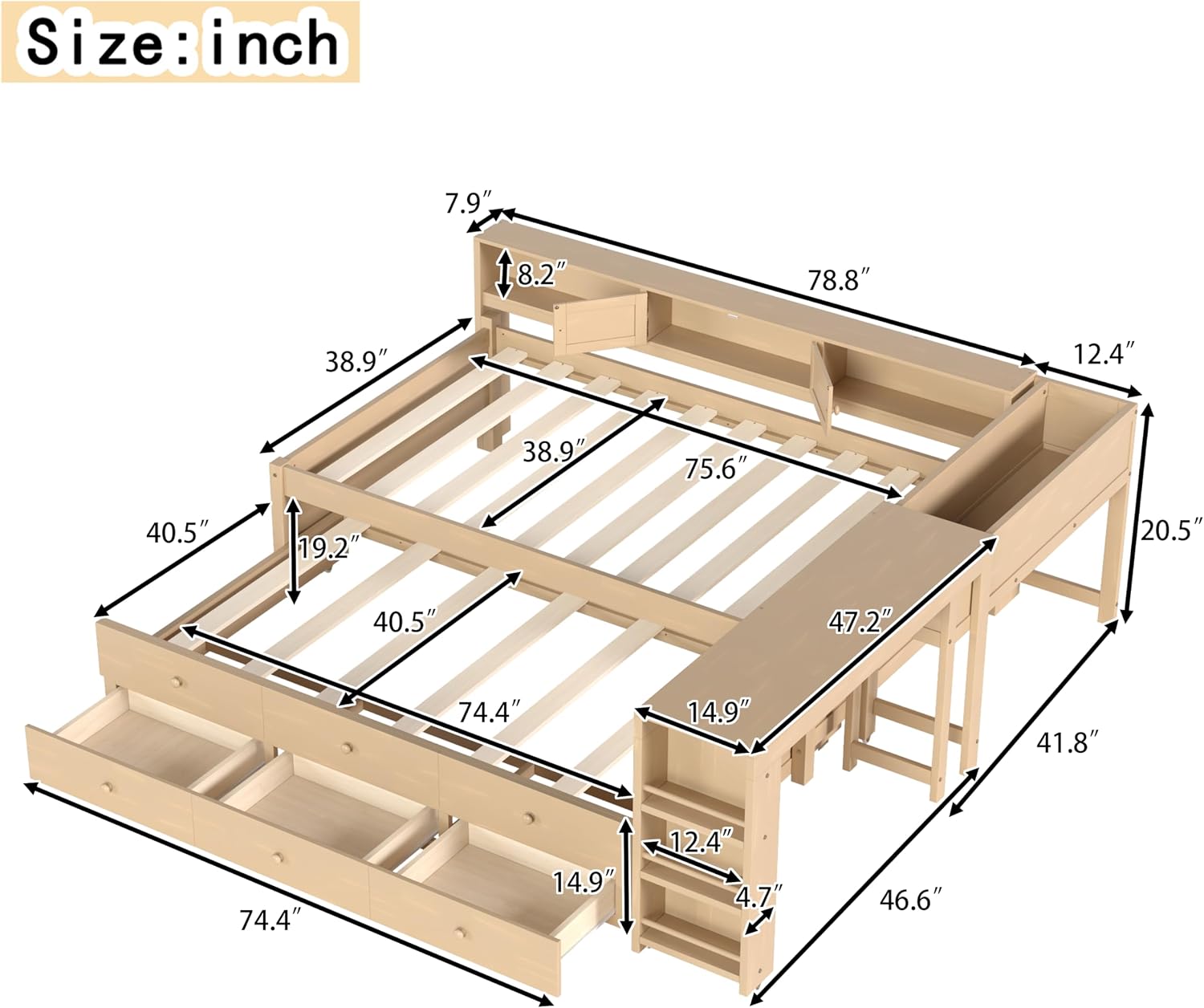 SOFTSEA Twin Size Corner Bed with Trundle & Storage Drawers, Wood Daybed with Desk and Bookcase Headboard, Twin Corner Daybed with Storage Shelves for Kids Teens Adults, Golden
