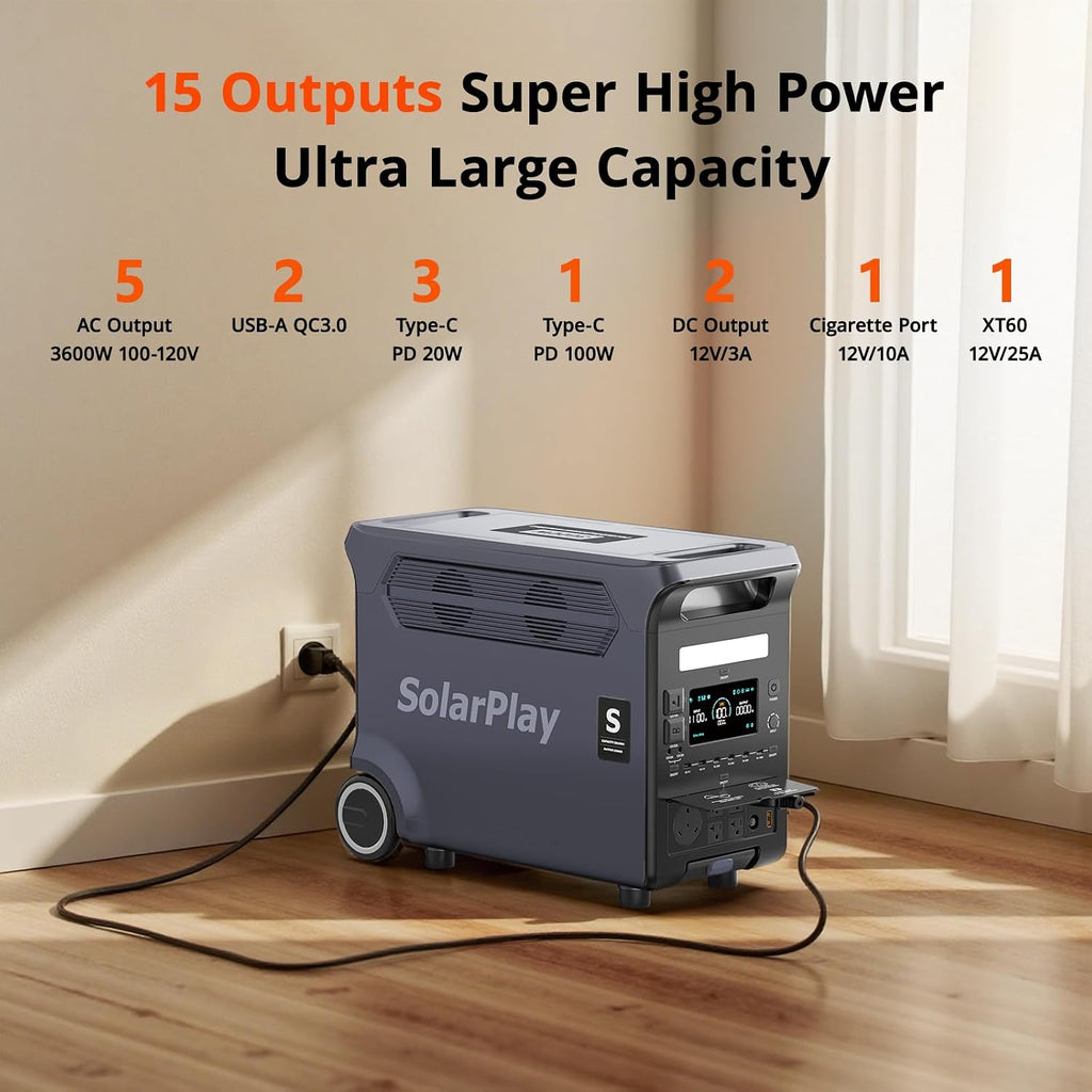 SolarPlay Portable Power Station, 3600W(5500W Peak), 3840Wh Solar Generator with 2 * 400W Solar Panel 2Hrs Fast Charging LiFePO4 Battery, Adjustable, UPS with AC output for Home Camping Outdoor