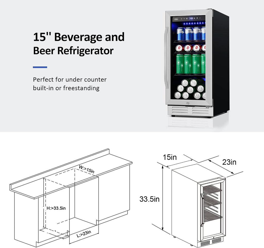 Velivi 15 Inch Beverage Refrigerator and Cooler - 125Cans Capacity Mini Beer Drink Fridge with Glass Door and Lock Under Counter Built-in or Freestanding - for Soda, Beer, Wine - for Home Bar Kitchen