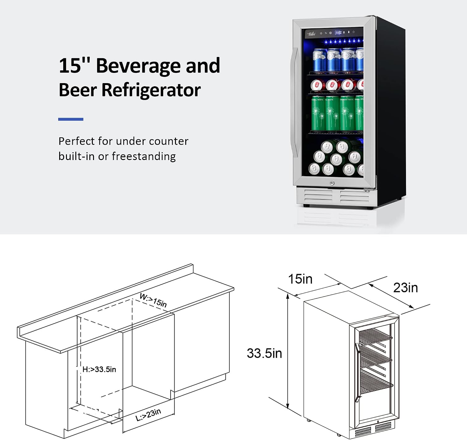 Velivi 15 Inch Beverage Refrigerator and Cooler - 125Cans Capacity Mini Beer Drink Fridge with Glass Door and Lock Under Counter Built-in or Freestanding - for Soda, Beer, Wine - for Home Bar Kitchen