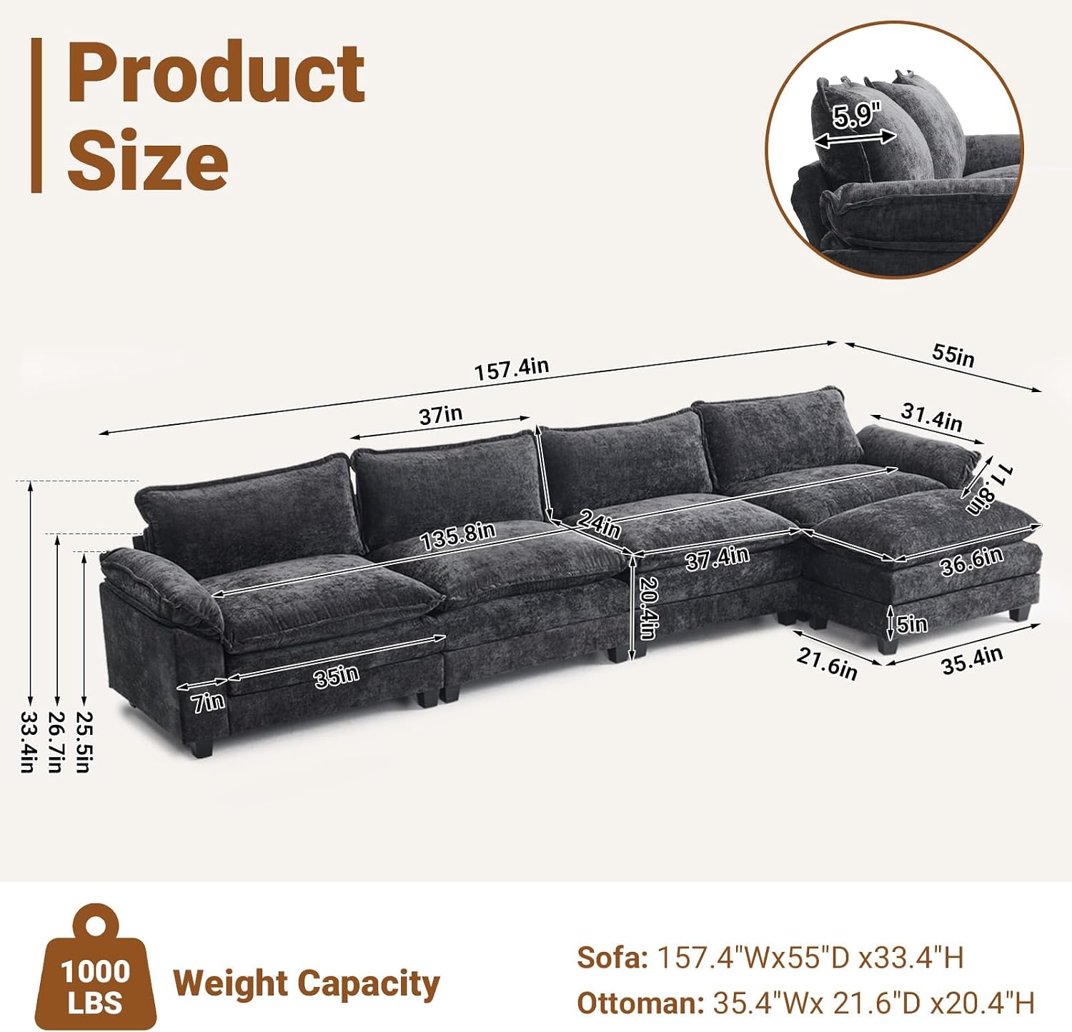 VINGLI 157' Cloud Black Convertible Sectional Sofa, Comfy L-Shape Extra Deep Seat Sofa Couch for Living Room,Modern Chenille 4-Seat Convertible Sofa with Movable Ottoman for Small Space