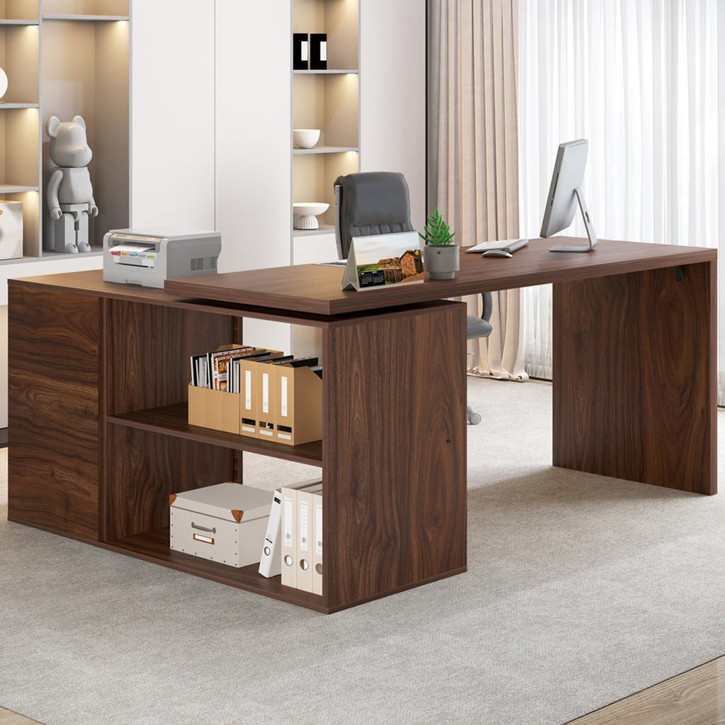 HSH Walnut Home Office Desk L Shaped with Drawers, Reversible Wood Computer Desk Table for Executive Work Writing Study Gaming, Rustic Corner L Desk with Storage Cabinet Shelves for Bedroom, 55 Inch
