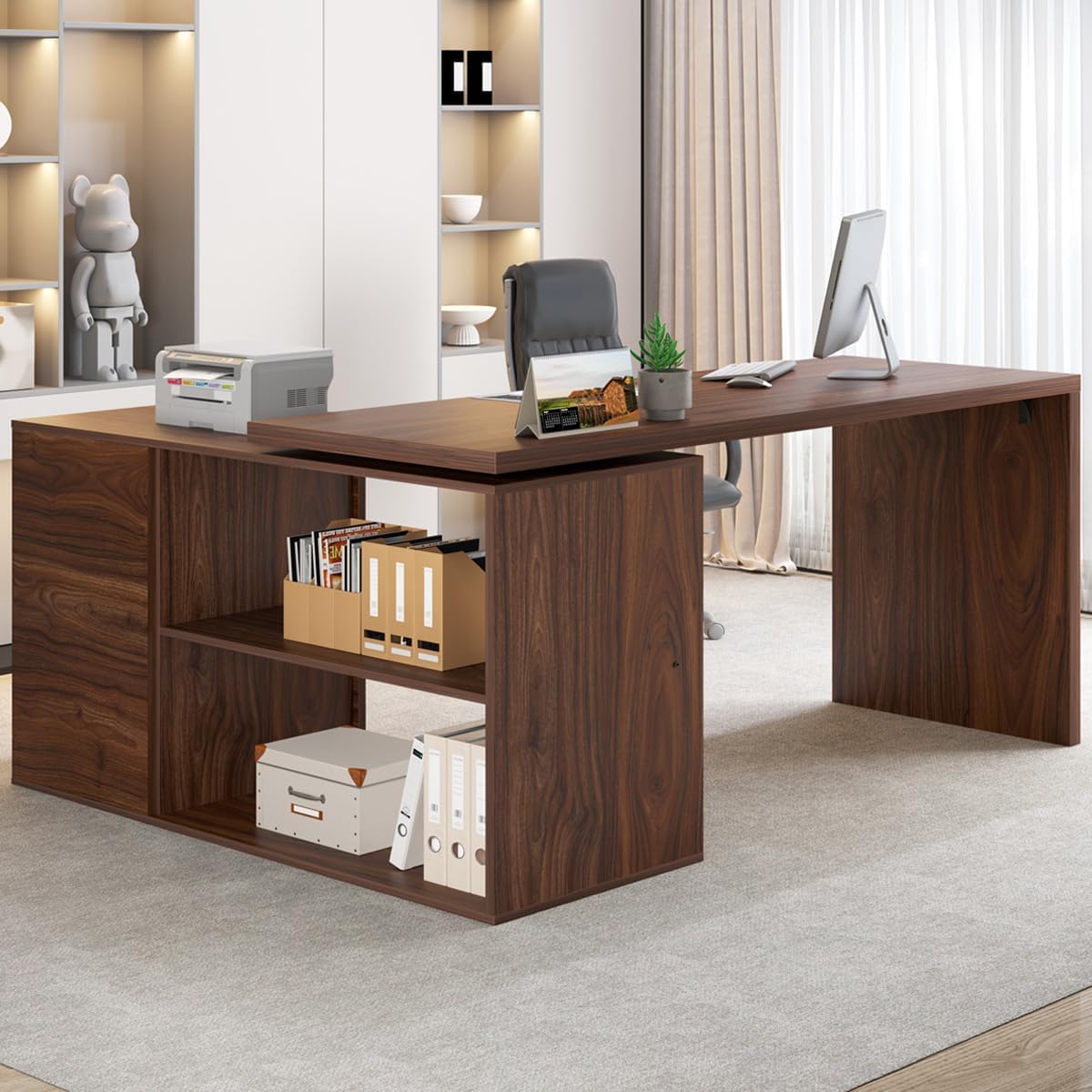 HSH Walnut Home Office Desk L Shaped with Drawers, Reversible Wood Computer Desk Table for Executive Work Writing Study Gaming, Rustic Corner L Desk with Storage Cabinet Shelves for Bedroom, 55 Inch