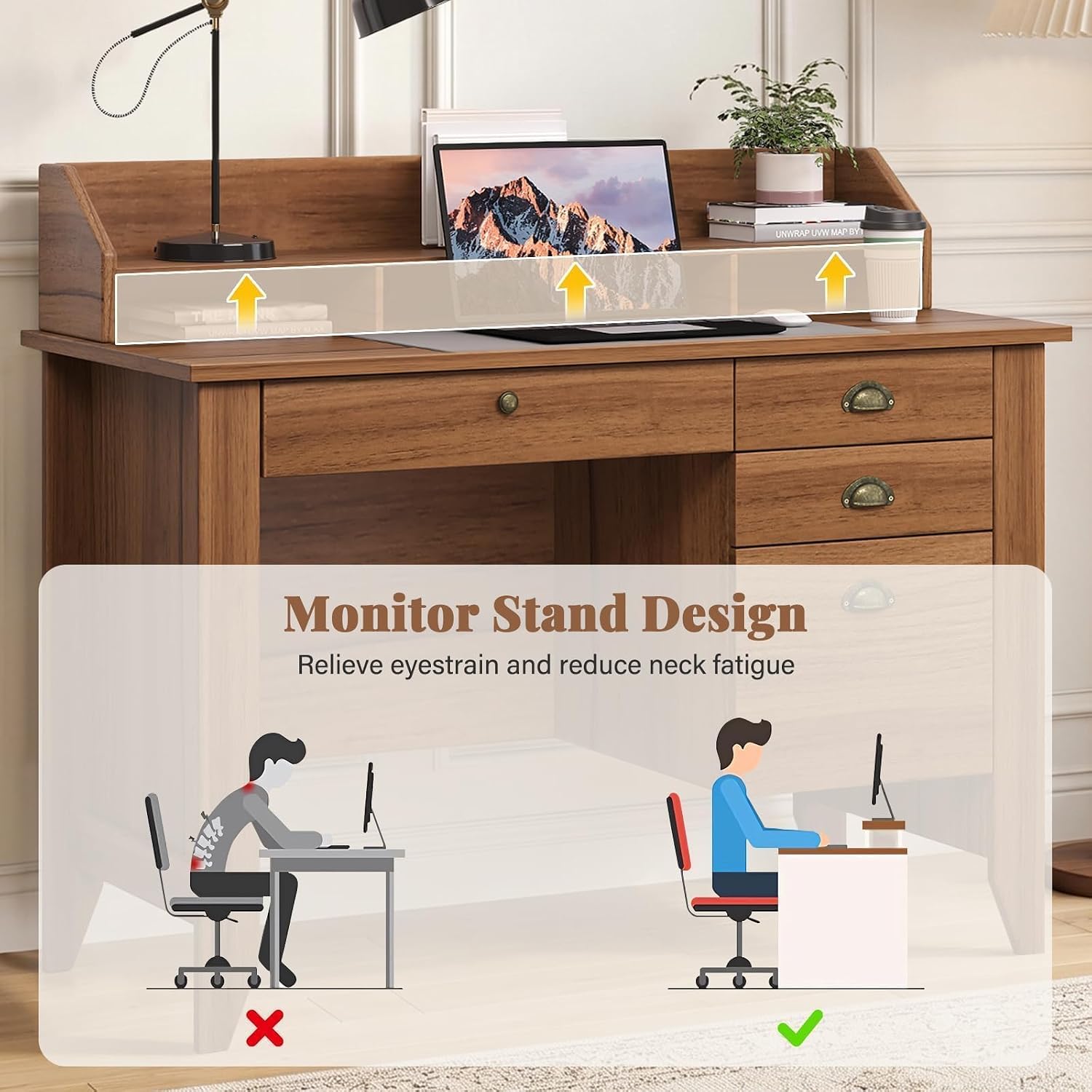 4 EVER WINNER Small Desk with Drawers, 47'' Wooden Desk with Monitor Stand and File Drawer, Computer Desk with Storage for Bedroom, Living Room, Small Spaces, Walnut