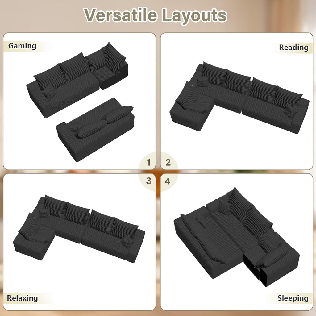 Sectional Cloud Couch for Living Room, Modern Modular Floor Deep-Seat Sofa, Upholstered L Shaped Sofas, Big Comfy Corduroy Couches Set for Living Room Bedroom, No Assembly Required, Black