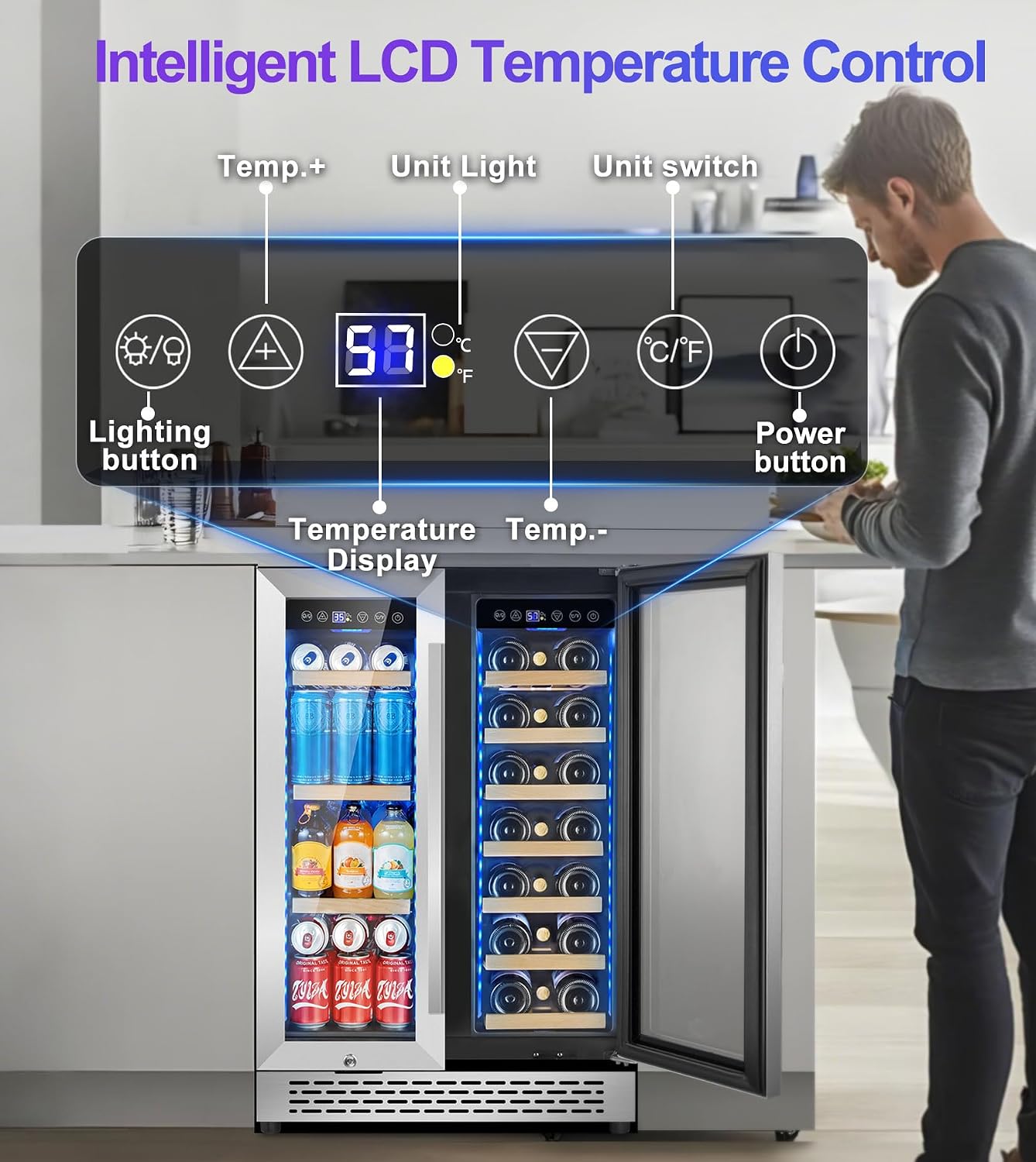24 Inch Wine and Beverage Refrigerator, 90 Can & 21 Bottle Dual Zone Under Counter or Freestanding Wine Beverage Cooler, 3 LED Stainless-Steel Fridge with Glass Door Fast Cooling for Home/Kitchen