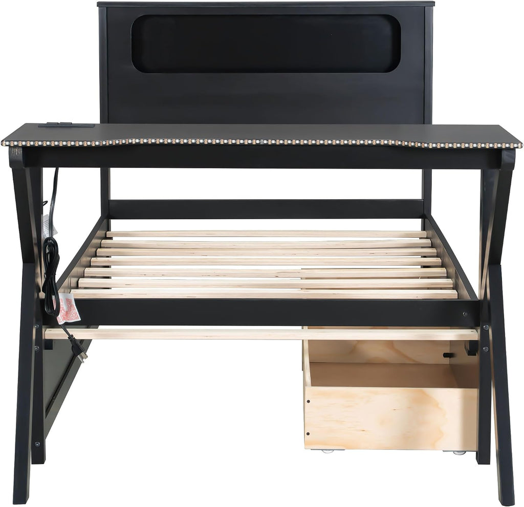 Harper & Bright Designs Twin Size Gaming Loft Bed with Charging Station & LED Headboard, Built-in Desk with Outlets & USB/Type-C Ports, 2 Storage Drawers for Modern Living, Black