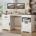 Executive Desk with File Storage Drawer, 63' Lift Top Farmhouse Home Office Gaming Desk with Charging Station, 3 Drawers Sensor Lights Wood Computer Table with Monitor Stand, Antique White