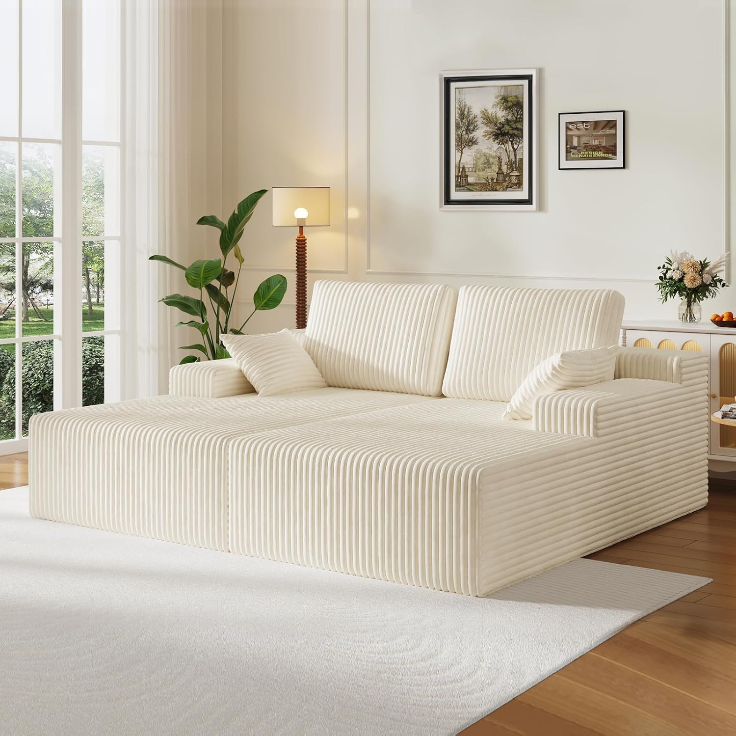 Modular Sectional Sofa, Boneless Couches for Living Room, L-Shape Sofa Couches,Cloud Couch Sectional, Comfy Corduroy Sofa, with Deep Seat, No Assembly Required (Beige, Loveseat Chaise)