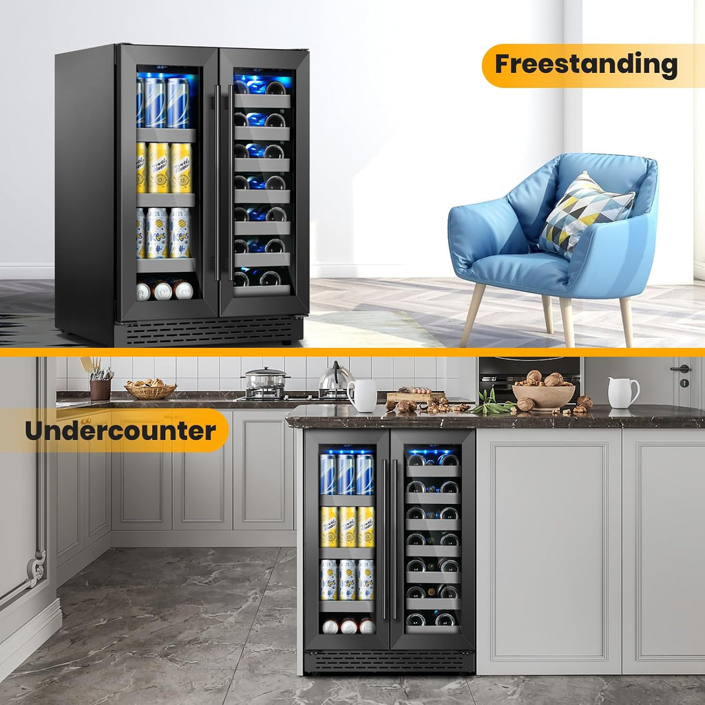 24 Inch Black Dual Zone Wine Fridge,20 Bottle & 88 Cans Wine and Beverage Refrigerator with Glass Door,Undercounter&Freestanding Stainless Steel Handle Wine Cooler Refrigerator for Home,Party